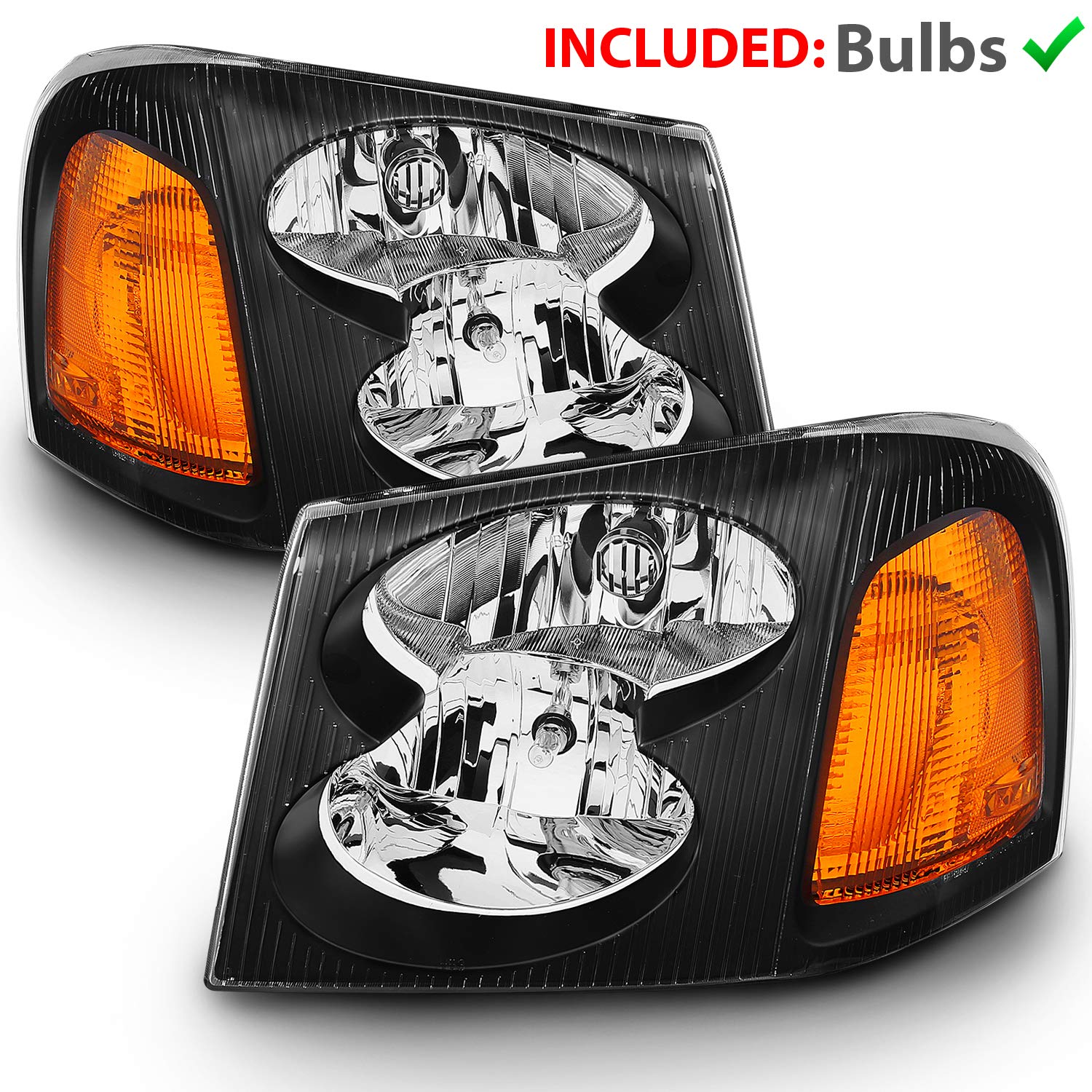 AmeriLite Black Replacement Headlights Set for GMC Envoy - Left & Right Side with Hi/Lo Beam Bulbs | Durable Auto Lighting Upgrade for Night Driving & Off-Road Adventures