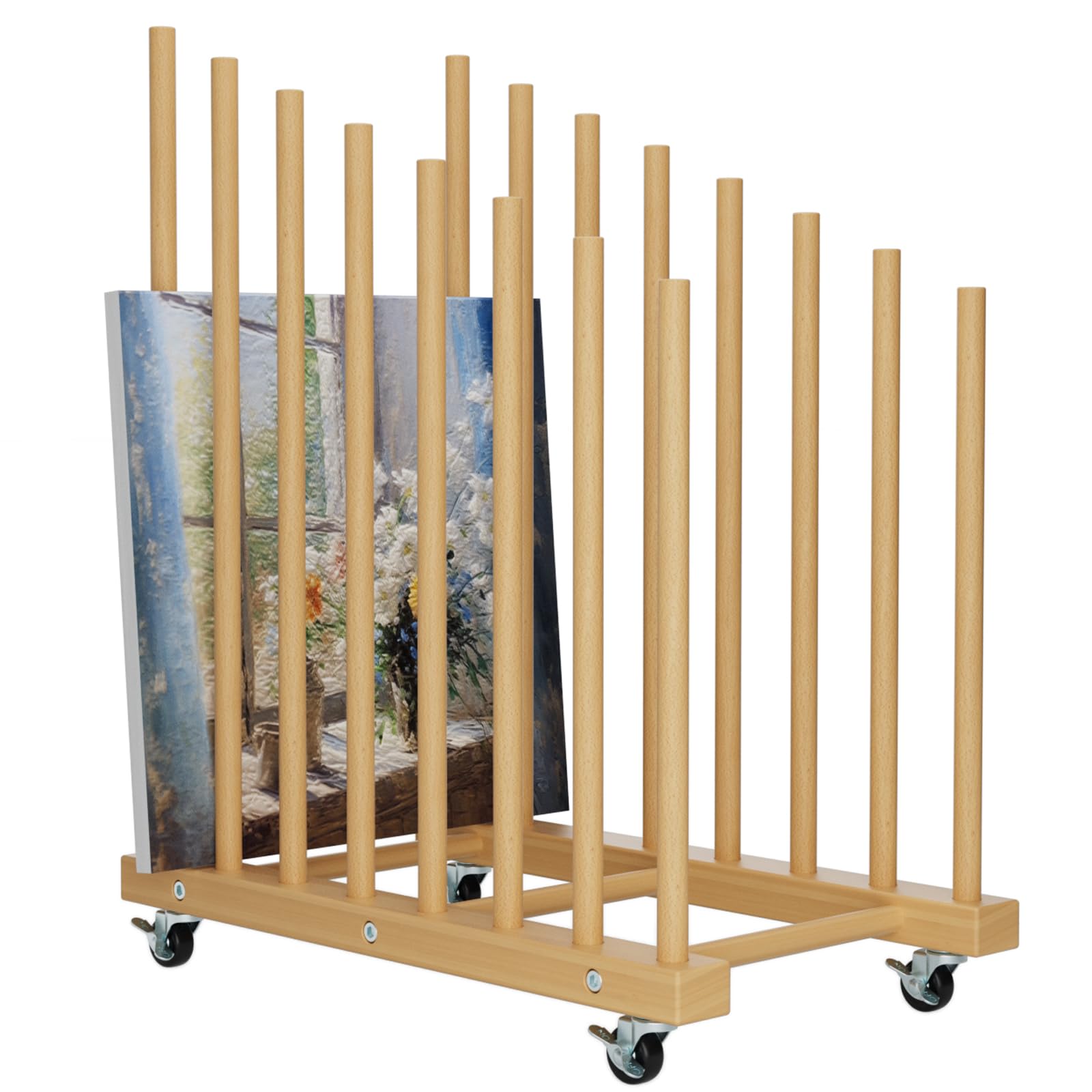 Art Storage Rack with Wheels - Wooden Drying & Display Stand for Canvas, Drawing Boards, Prints & Paper Pads - Perfect for Art Studios, Galleries & Home Artworks Organization