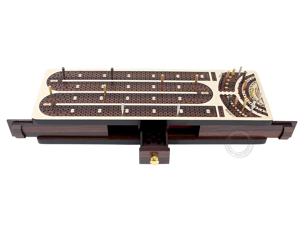 Premium Continuous Cribbage Board with 4 Tracks - Maple & Rosewood Inlaid Box with Sliding Lids, Drawer & Score Marking Fields for Skunks, Corners & Won Games | Perfect for Family Game Nights, Travel & Competitive Cribbage Play
