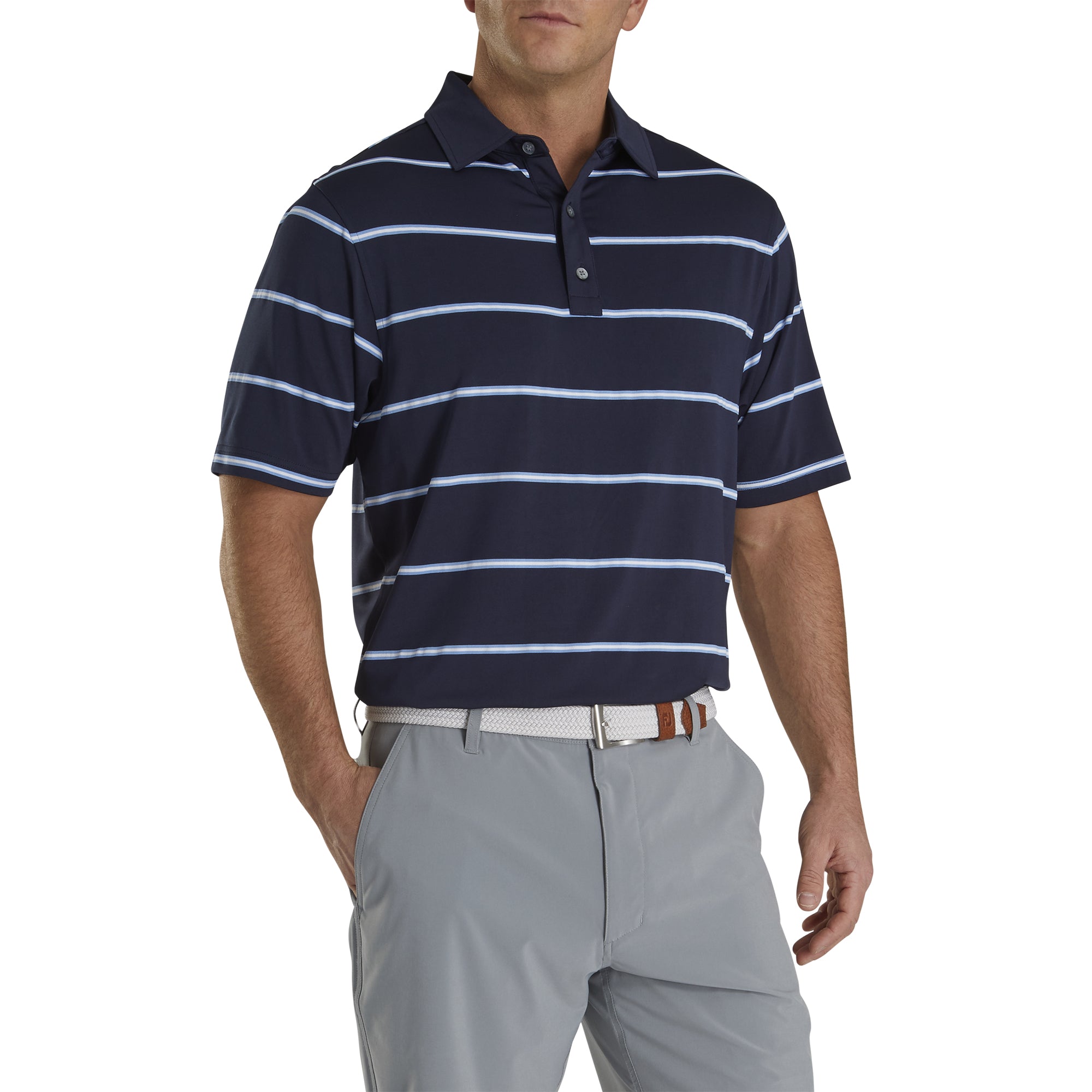 FootJoy Lisle Pique Open Stripe Self Collar Men's Golf Polo Shirt - Breathable Moisture-Wicking Performance Top for Golf, Casual Wear & Outdoor Activities
