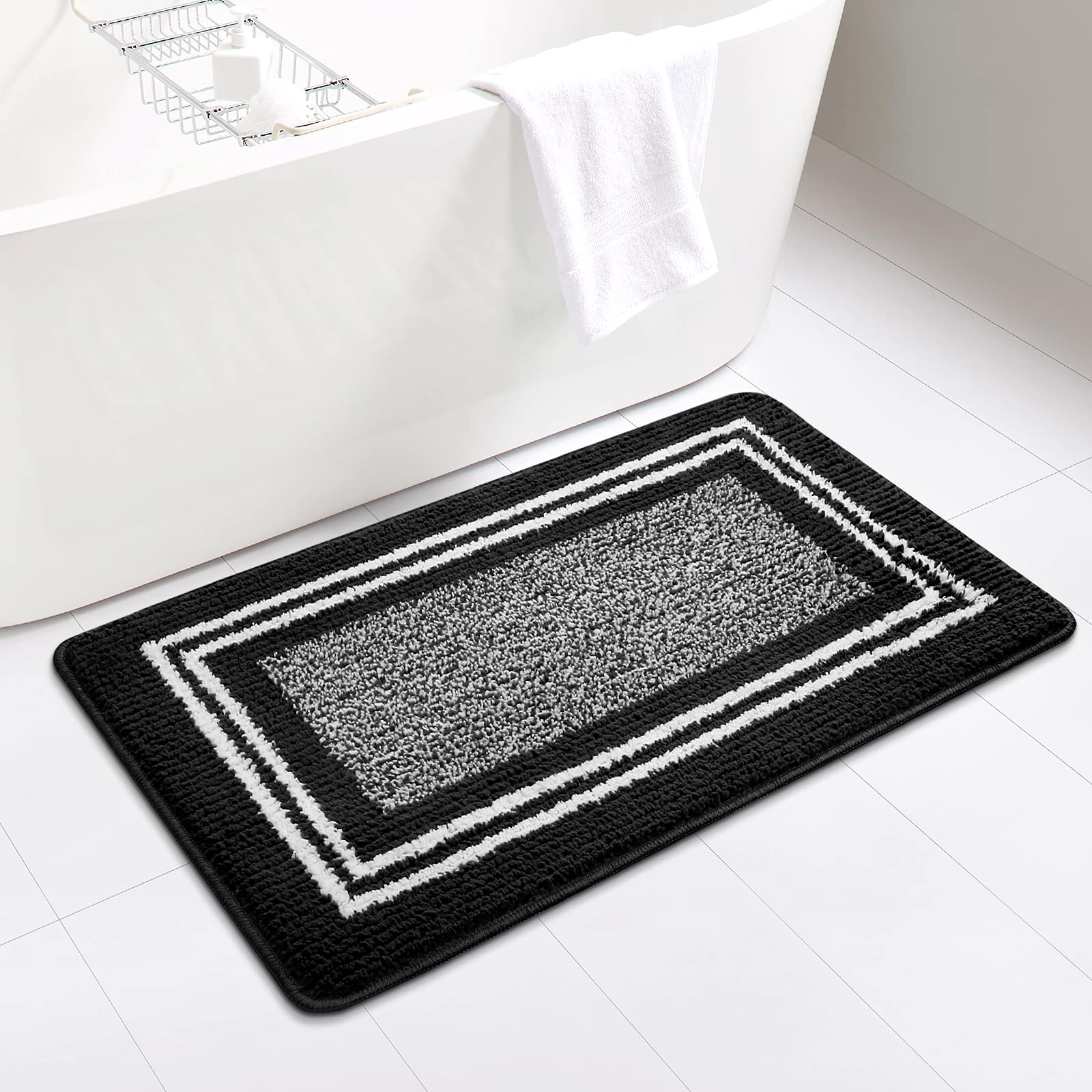 LuxStep Soft Shaggy Bath Mat 20x32 - Non-Slip Quick Dry for Bathroom & Shower (Black)