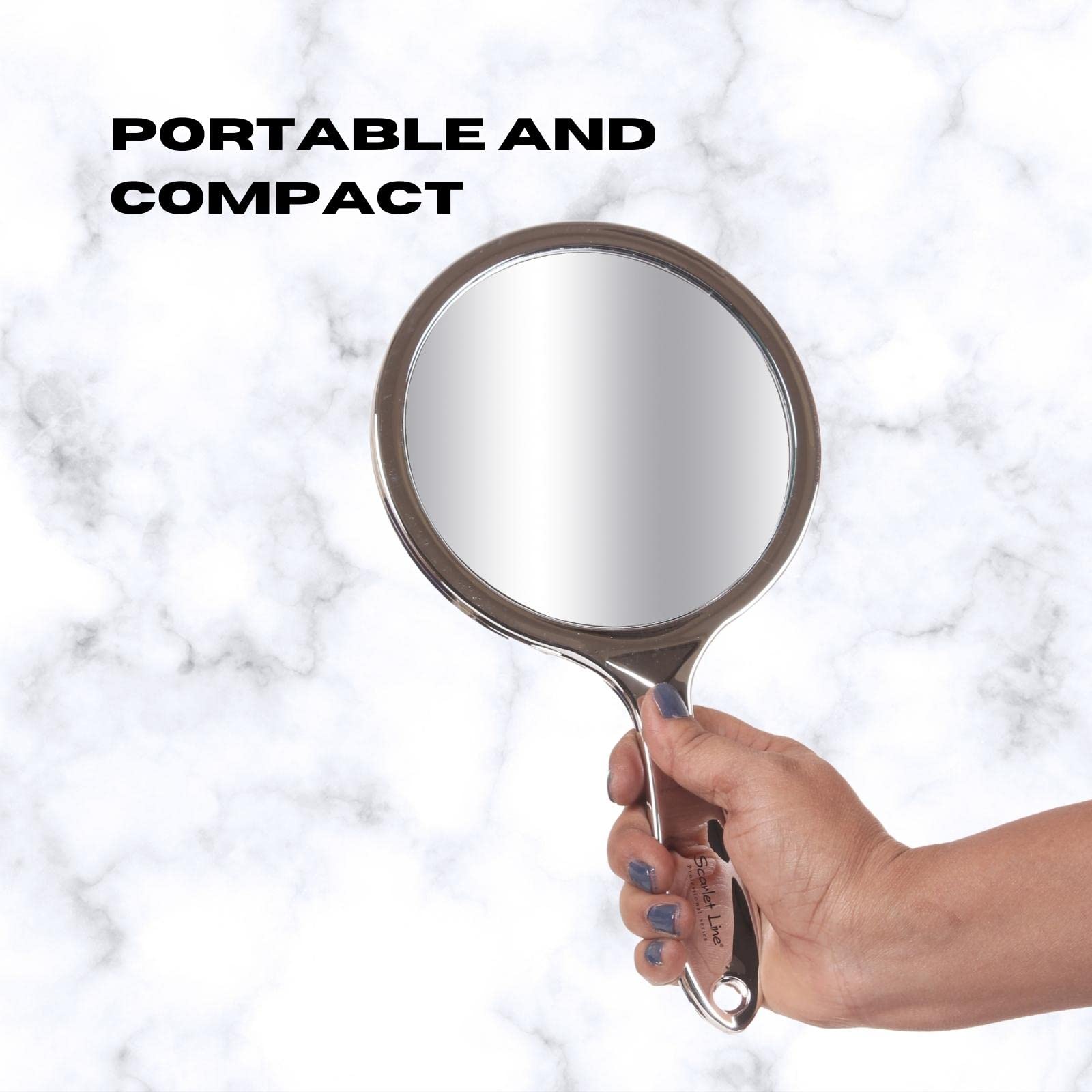 Scarlet Line Professional Double Sided Magnifying Makeup Mirror - Round Medium Size with Handle for Men & Women (Silver, 27x14.5x1cm) - Perfect for Makeup Application, Skincare Routine & Travel Beauty Essentials