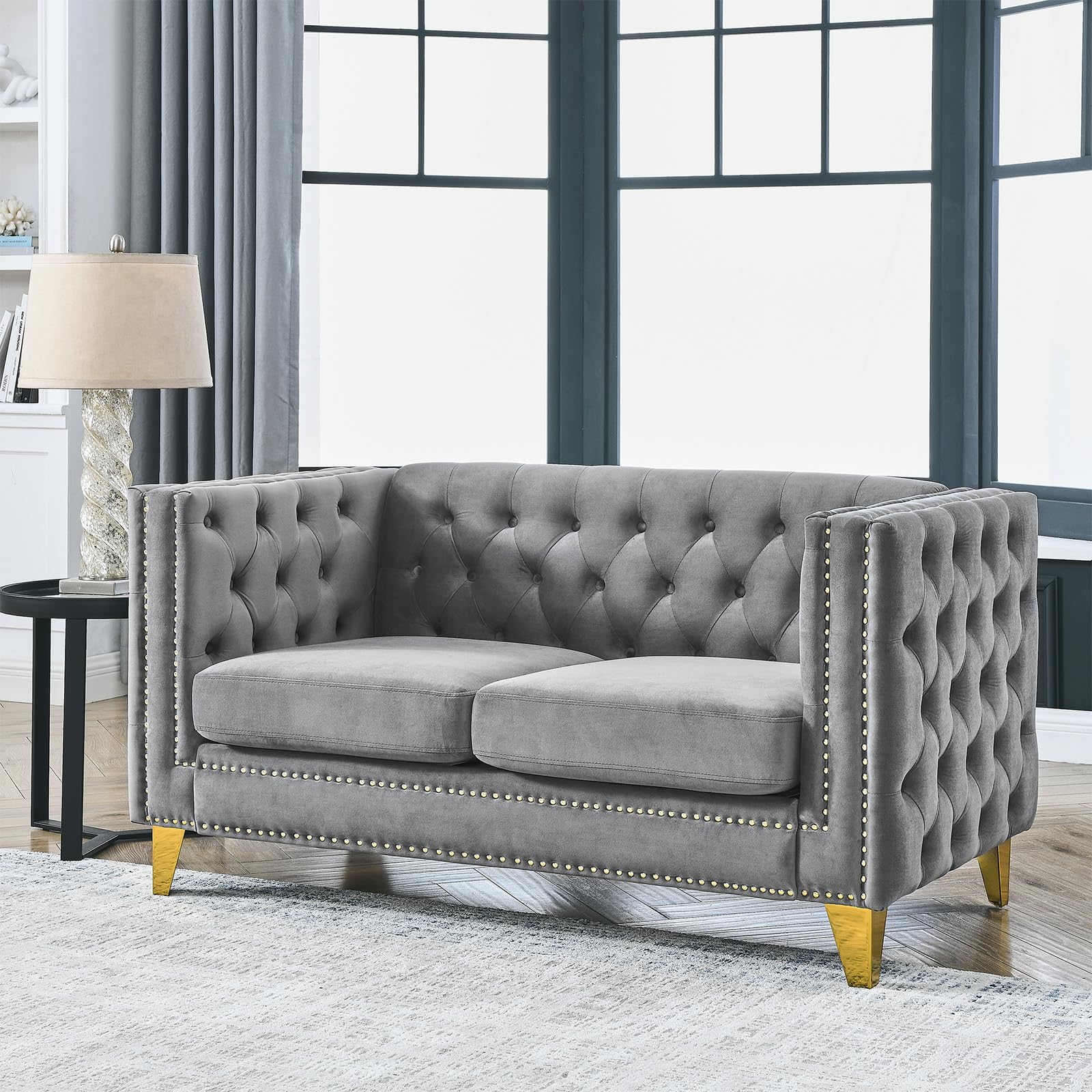 JEEOHEY Chesterfield Sofa - Oversized Velvet Loveseat, 2-Seater Deep Seat Couch with Button Tufted Nailhead Trim, Modern Upholstered Futon for Living Room, Bedroom & Office (Grey) | Perfect for Small Spaces, Apartment Decor & Cozy Home Theater Seating
