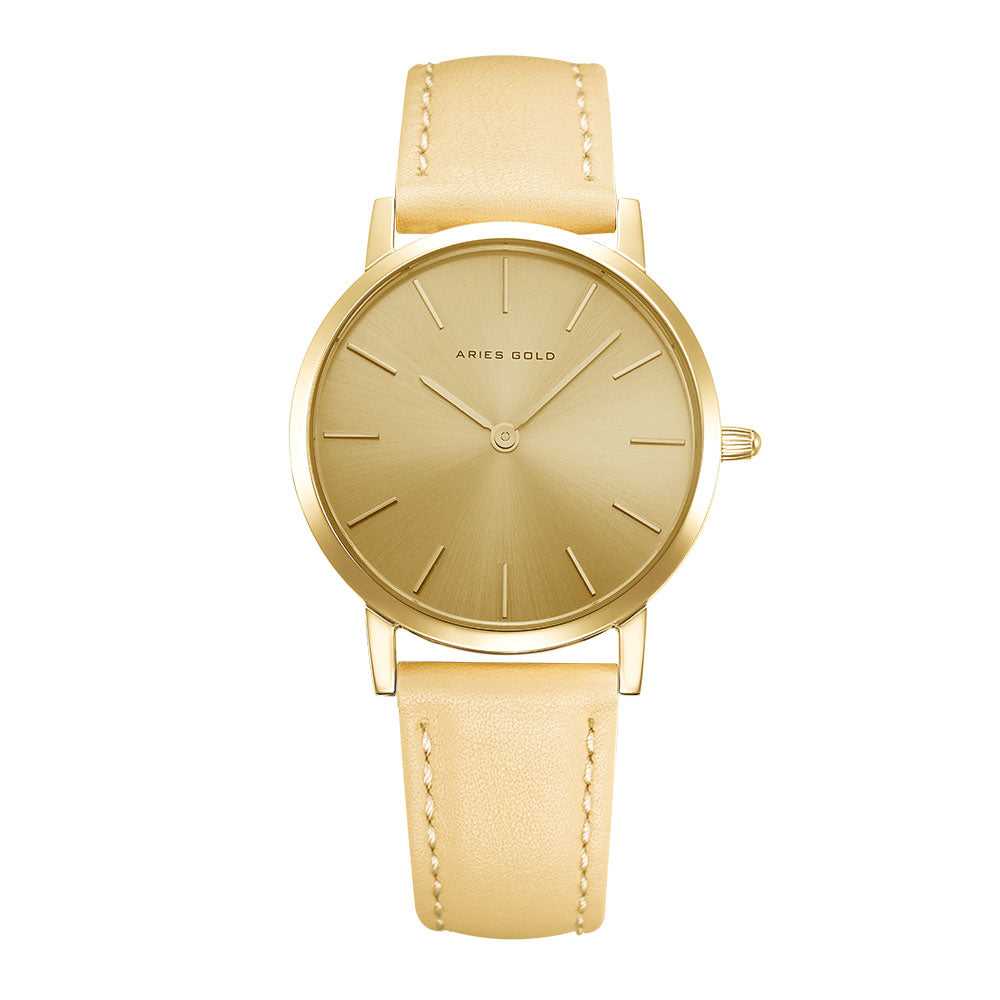 ARIES GOLD Urban Santos Women's Watch - Stainless Steel Case & Genuine Leather Strap - Elegant Gold Tone for Everyday Wear & Office Style