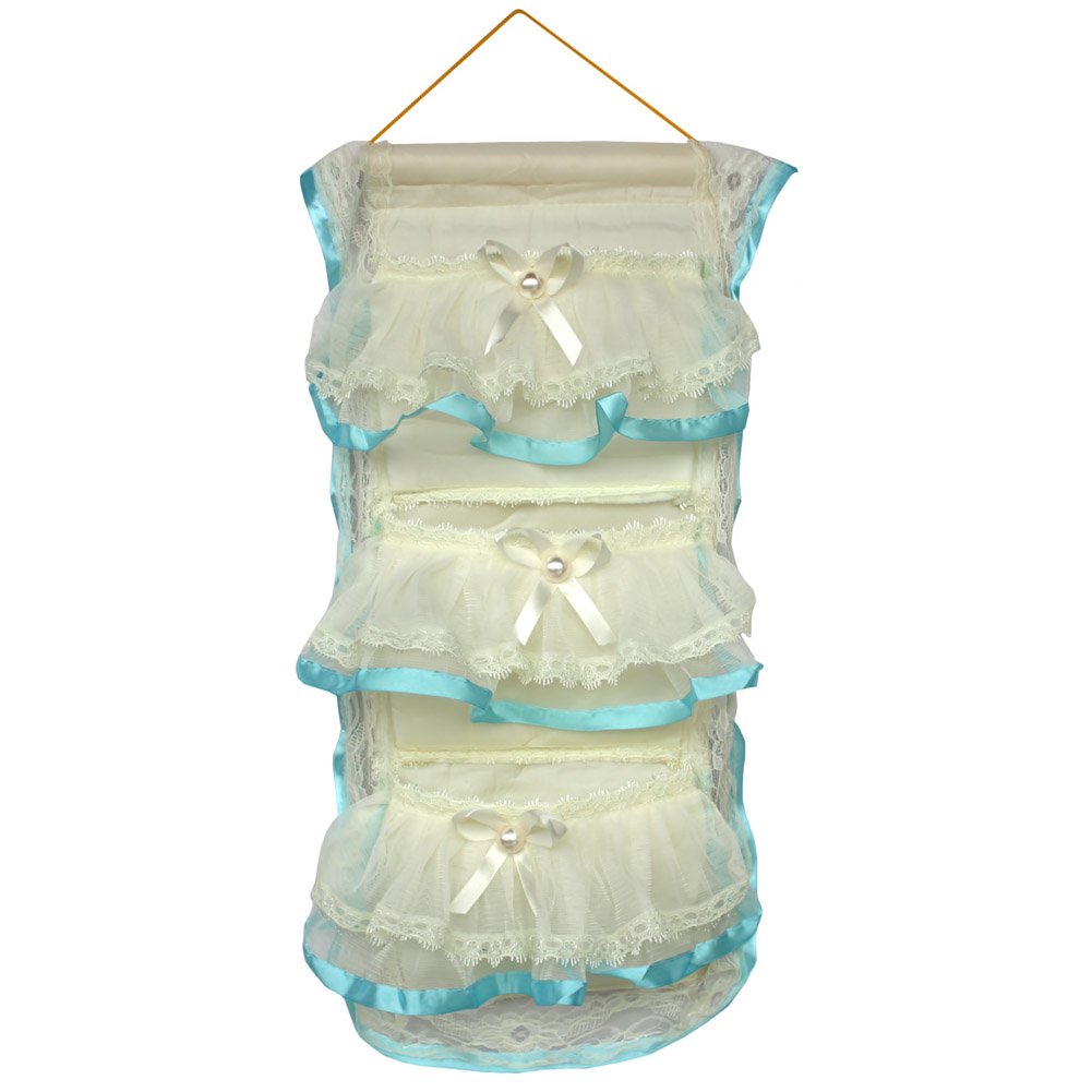Bowknot Bud Silk Blue Lace Wall Hanging Organizer - Decorative Hanging Basket for Home Storage (10x20 Inches) - Perfect for Bedroom, Bathroom, and Office Organization