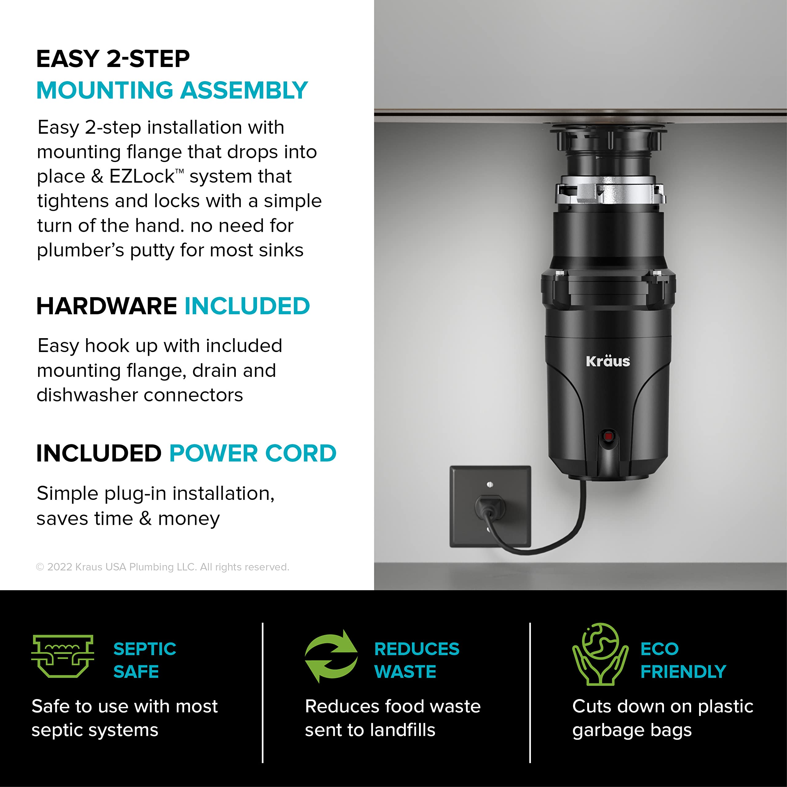 KRAUS WasteGuard 1/3 HP Continuous Feed Ultra-Quiet Garbage Disposal with Quick Connect Mount - Includes Power Cord & Flange (KWD100-33MBL) - Perfect for Kitchen Sink Waste Disposal & Food Scrap Recycling