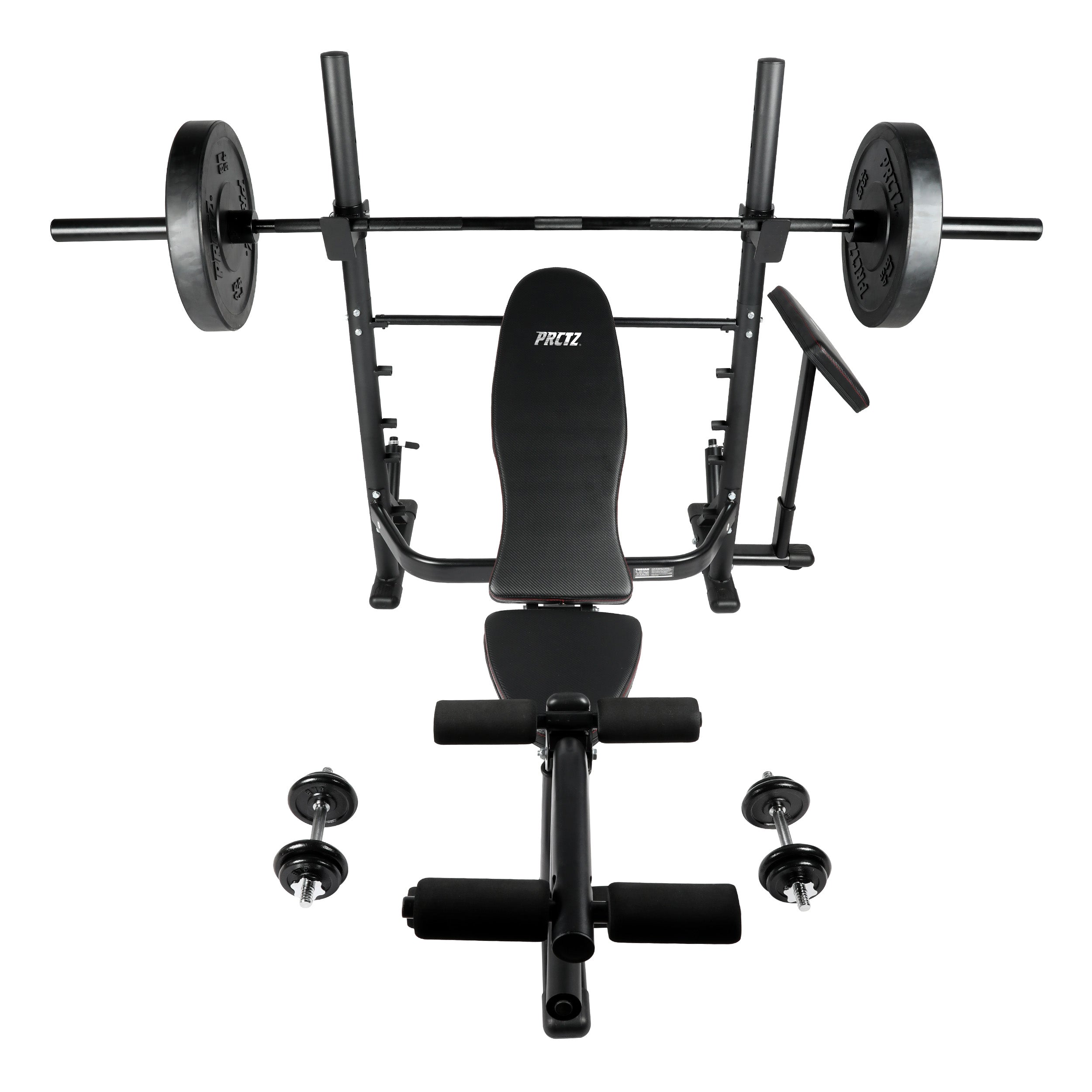PRCTZ SP1 Home Gym Bundle - Adjustable Olympic Weight Bench with Squat Rack, 7ft Olympic Barbell, 45lb Rubber Bumper Plates Set & 40lb Cast Iron Adjustable Dumbbells | Perfect for Home Workouts, Strength Training & CrossFit Exercises