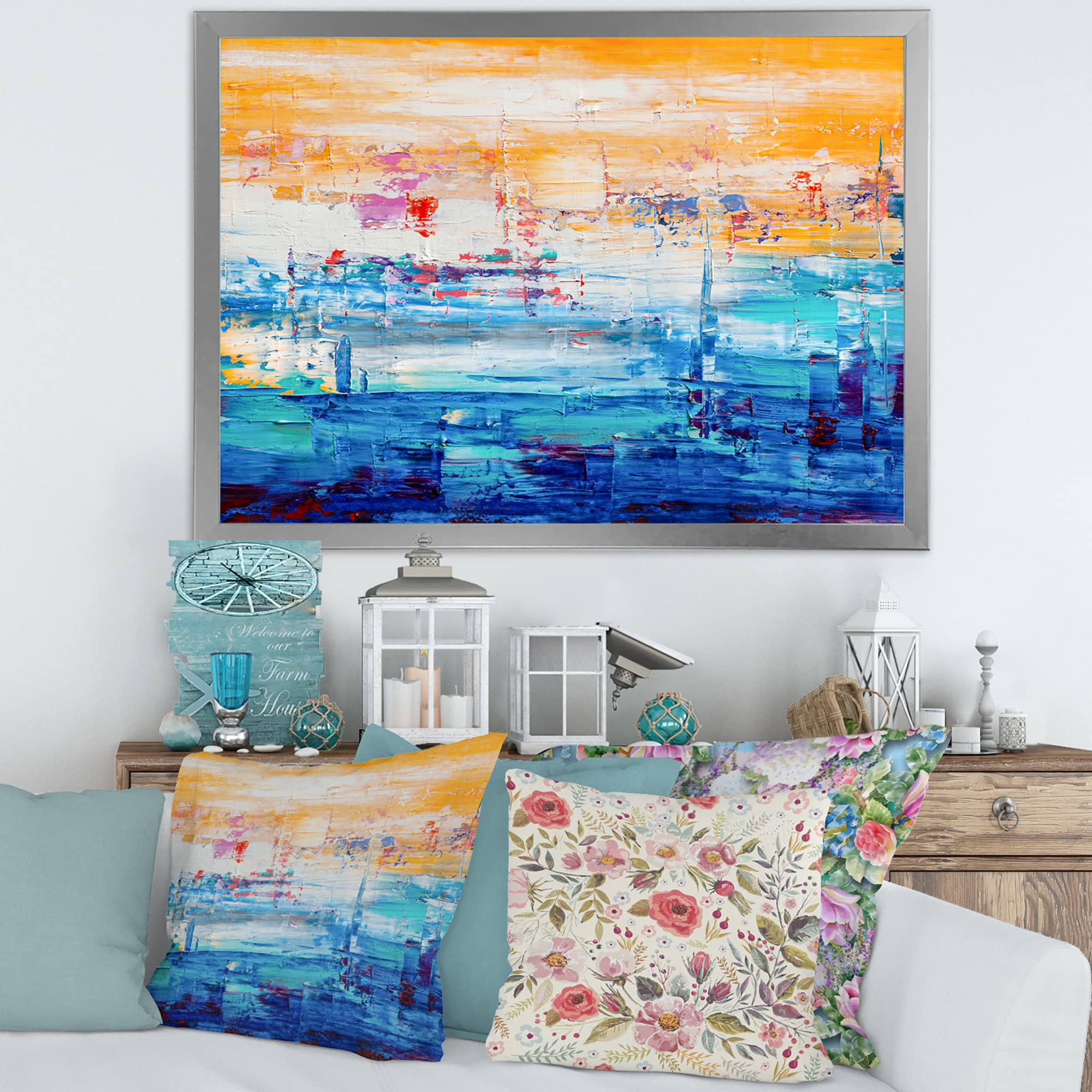 Abstract Modern Framed Wall Art - Orange & Blue Contemporary Home Decor - Perfect for Living Room, Bedroom & Office Wall Decor