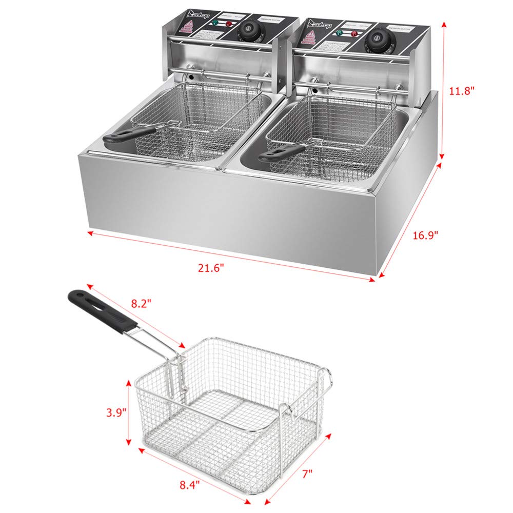 YYAO 12.7QT/12L Stainless Steel Double Basket Electric Deep Fryer with Filters - Perfect for Turkey, French Fries, Donuts, Chicken Wings & More | Commercial & Home Kitchen Use