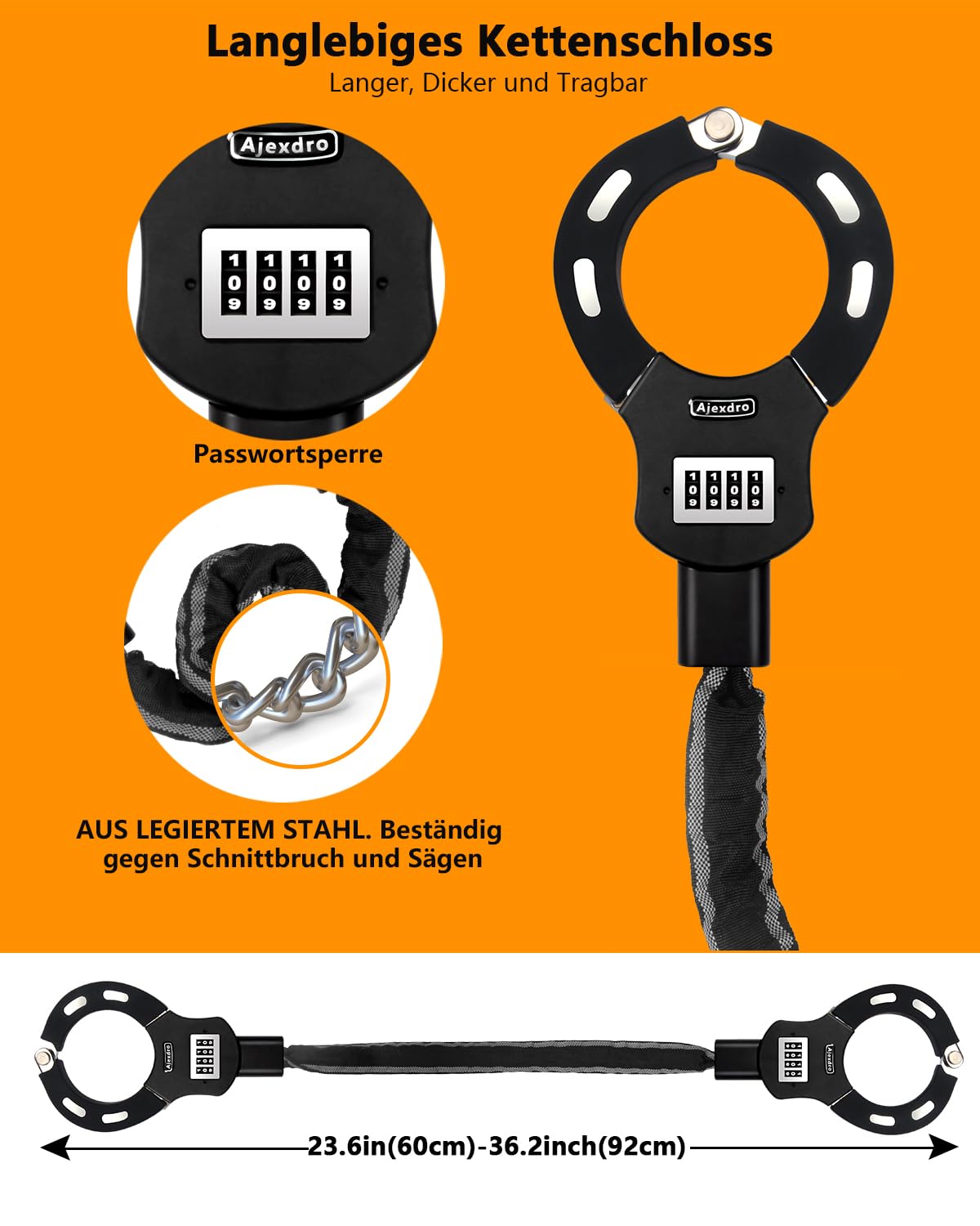 High Security 90cm E Scooter & Bicycle Combination Chain Lock with Rubber Sleeve - Handcuff Style Password Lock for Electric Scooters, Bikes, Skateboards - Perfect for Urban Commuting, Campus Security & Outdoor Activities