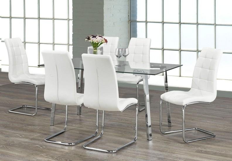 Clear Glass Dining Table with Chrome Metal Legs & White Upholstered Chairs Set - Modern Kitchen & Dining Room Furniture for Small Spaces