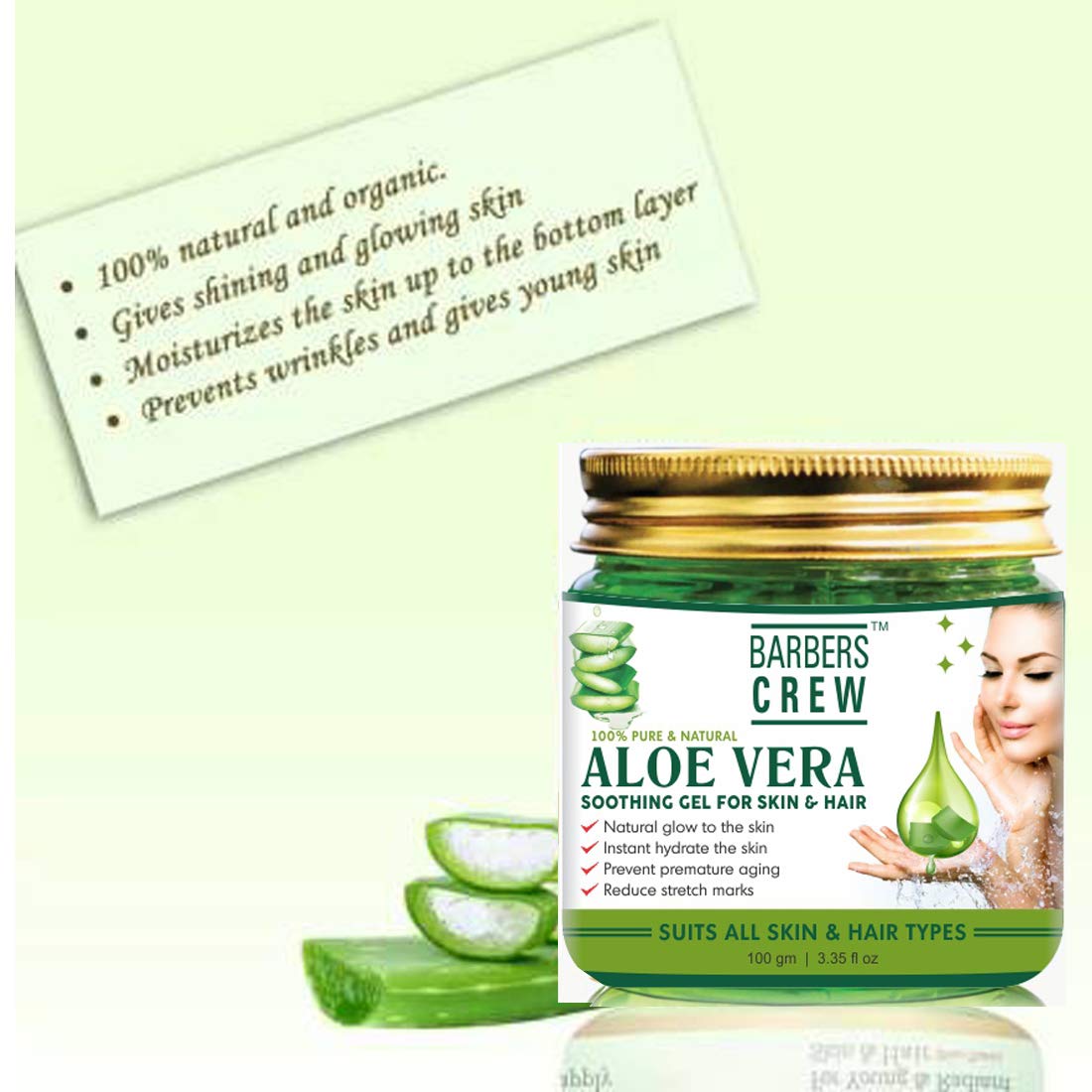 BARBERS CREW Pure & Organic Aloe Vera Gel for Face, Skin & Hair - 100g Soothing Moisturizer for Sunburn, Acne & Dry Skin - Perfect for After Shave, Hair Care & Daily Skincare Routine