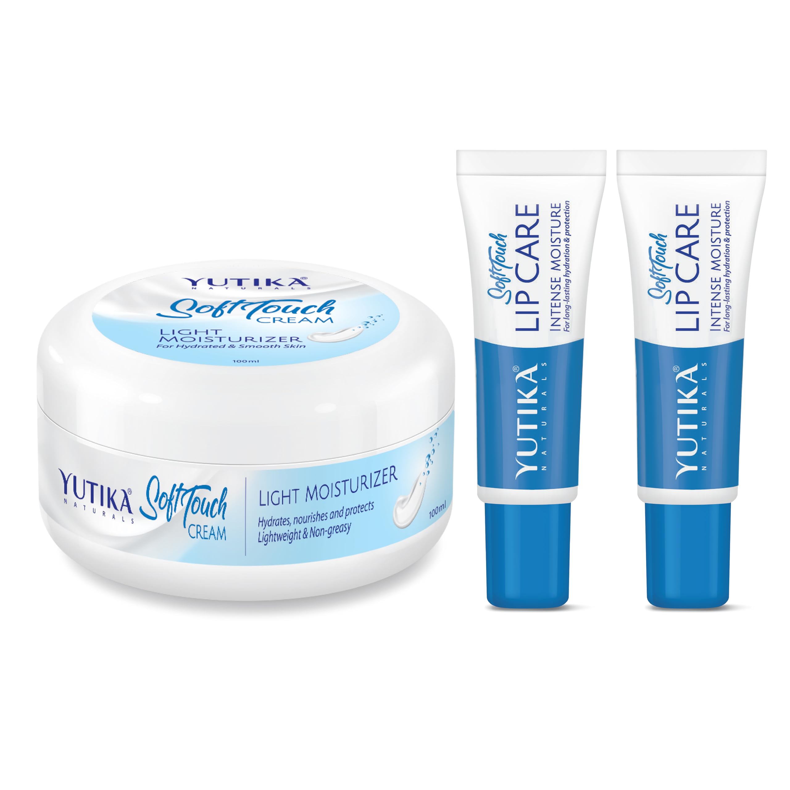 Yuthika Soft Touch Moisturizer for Face & Body - Non Greasy Hydrating Cream for Dry Skin with Lip Balm (100ml Face Cream + 2x10g Lip Care) - Perfect for Daily Skincare Routine & Travel Essentials