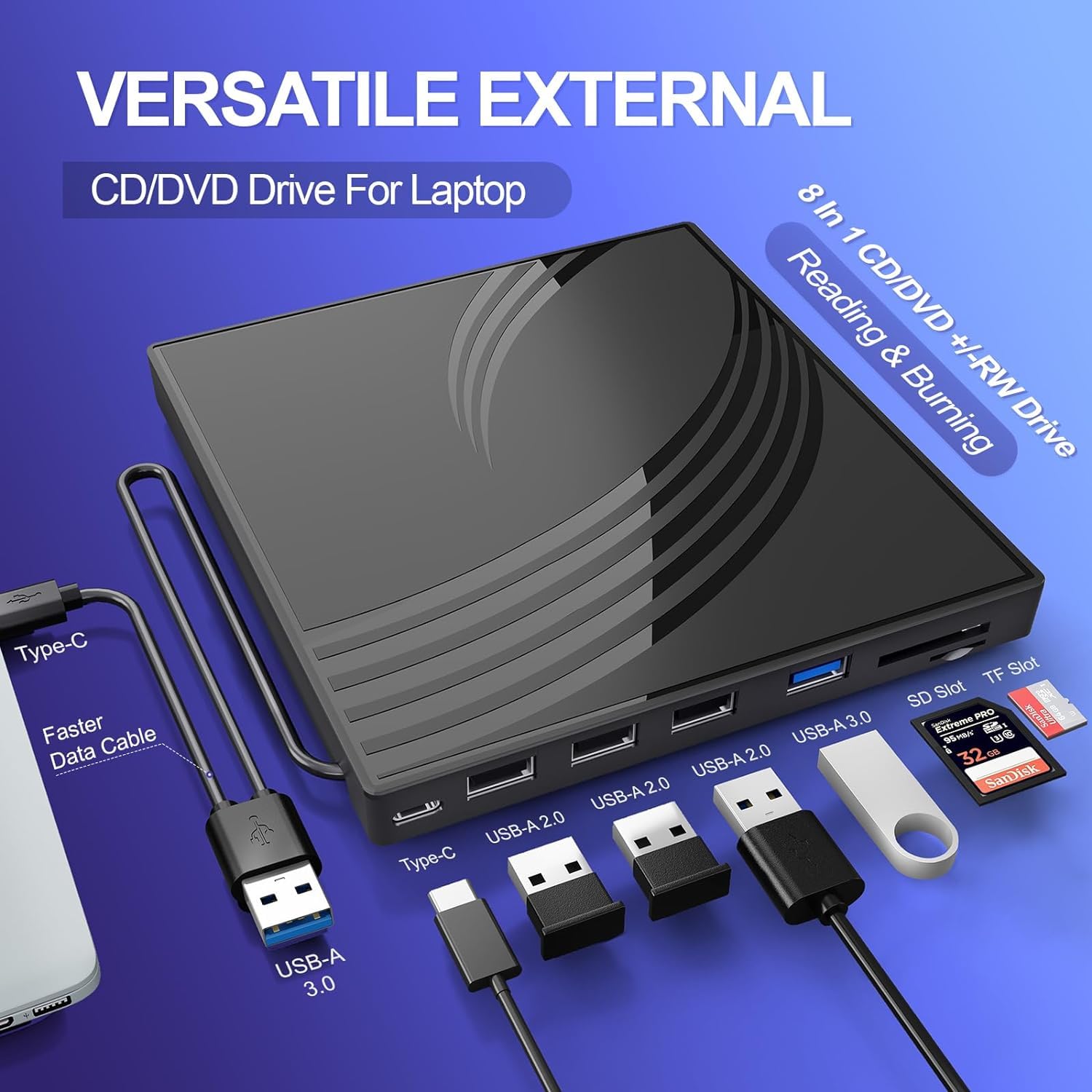 Portable External CD/DVD Drive for Laptop with Carrying Case, USB 3.0 DVD Burner, 4-Port Hub, TF/SD Card Reader, Compact CD Writer for Home, Office, and Travel Use