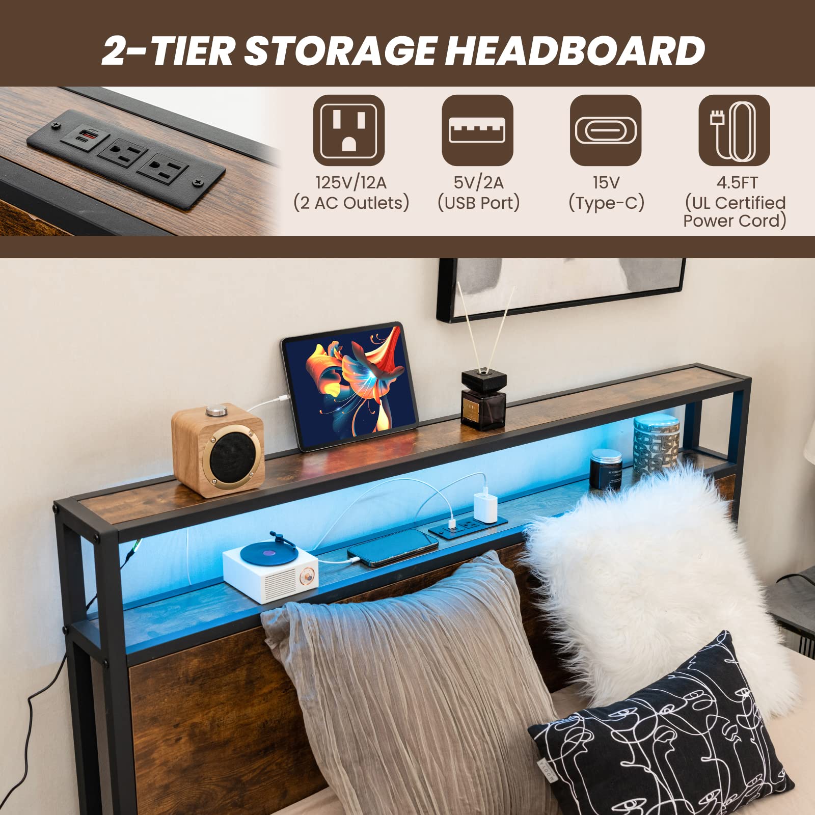 Giantex Full Size LED Bed Frame with USB Charging Station & Storage Drawers - Modern Metal Platform Bed with Outlet & Smart Lighting - Perfect for Small Apartments, Dorms & Smart Homes (No Box Spring Needed, Easy Assembly)