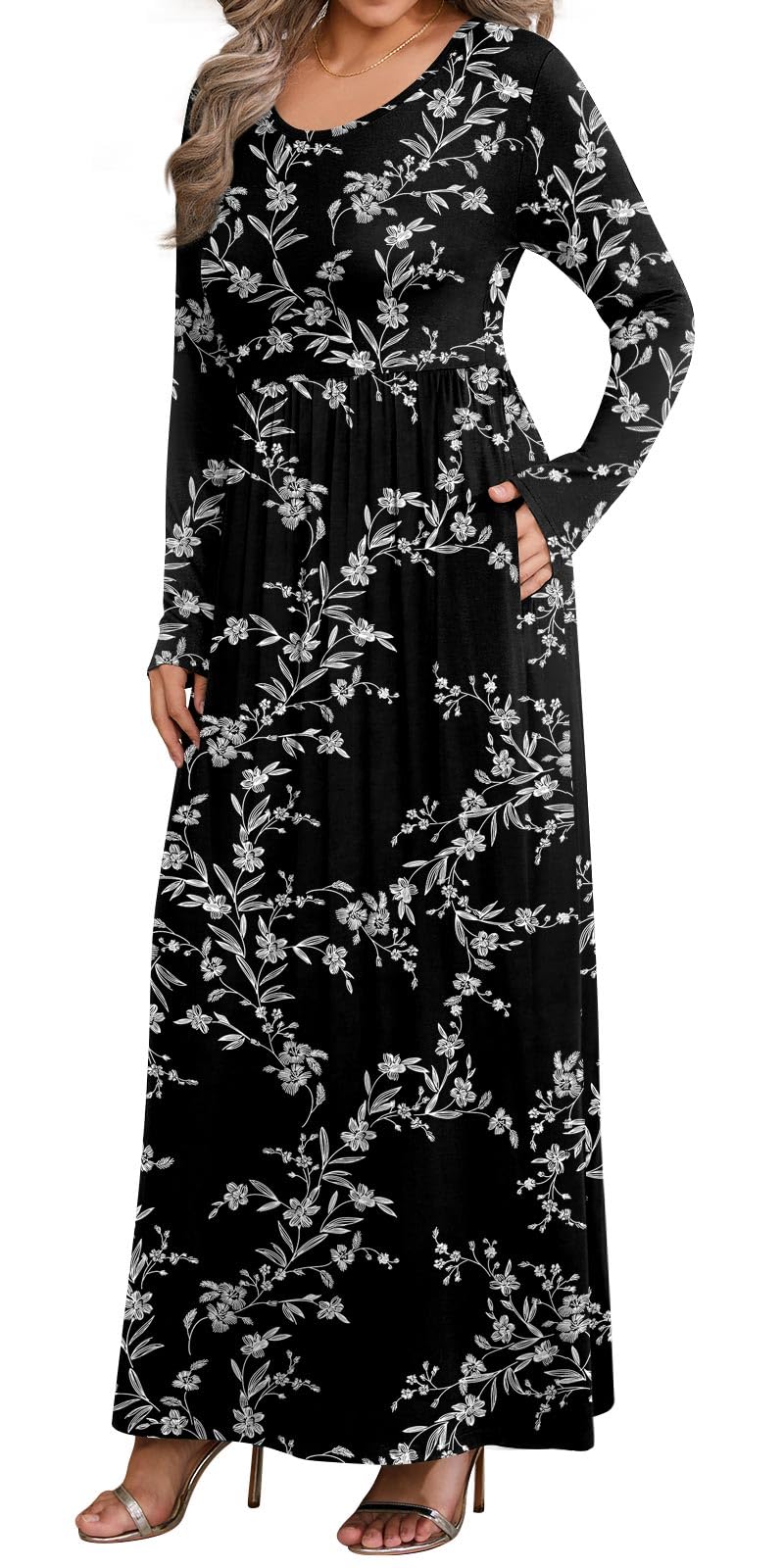 BISHUIGE Women's Plus Size Casual Long Sleeve Maxi Dress with Pockets - XL to 6XL - Perfect for Everyday Wear, Office, and Special Occasions