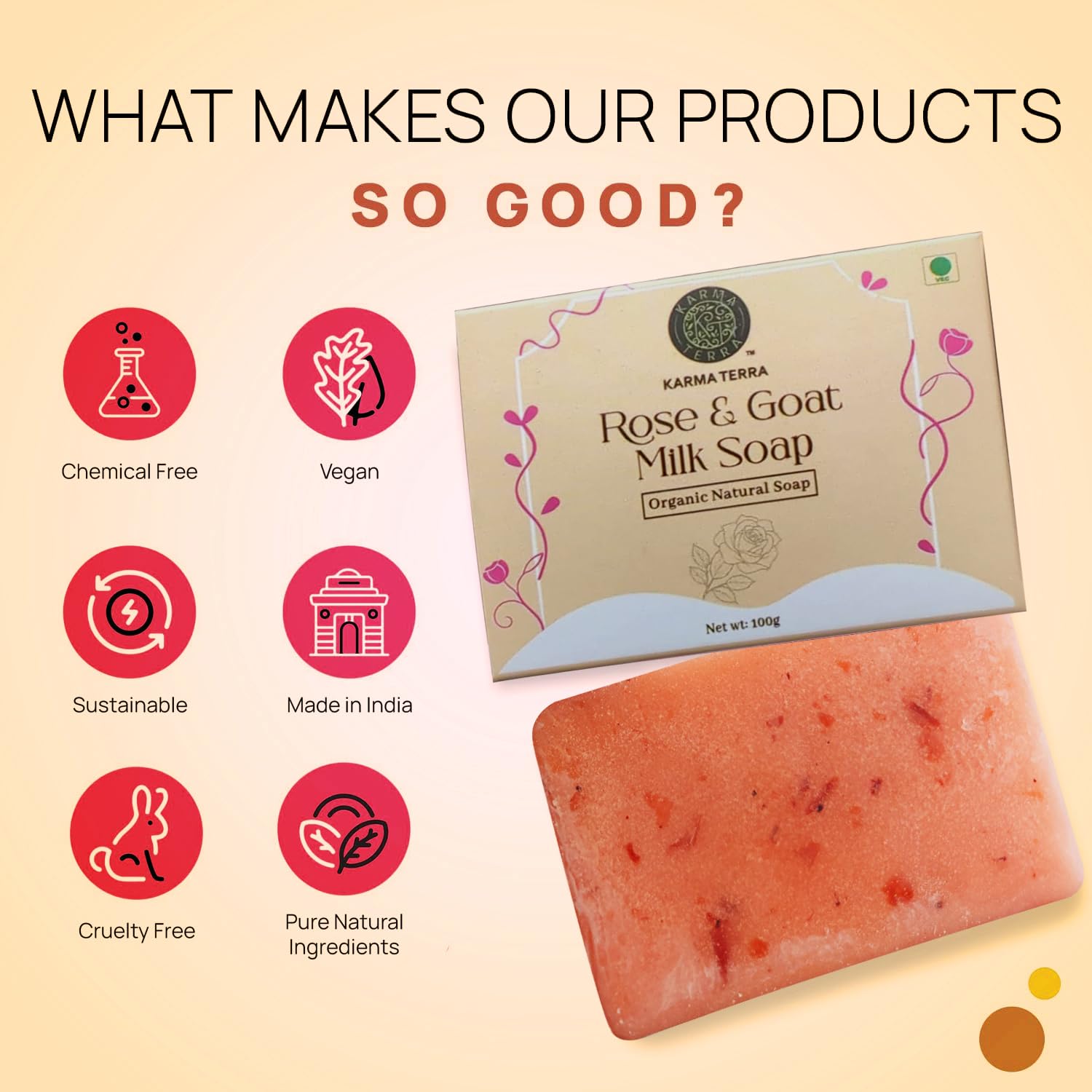 KARMA TERRA Goat Milk & Real Rose Petals Luxury Bath Soap - Deeply Nourishing & Moisturizing for Dry Skin - 100g Bar - Perfect for Spa Day, Gift Sets & Sensitive Skin Care Routine