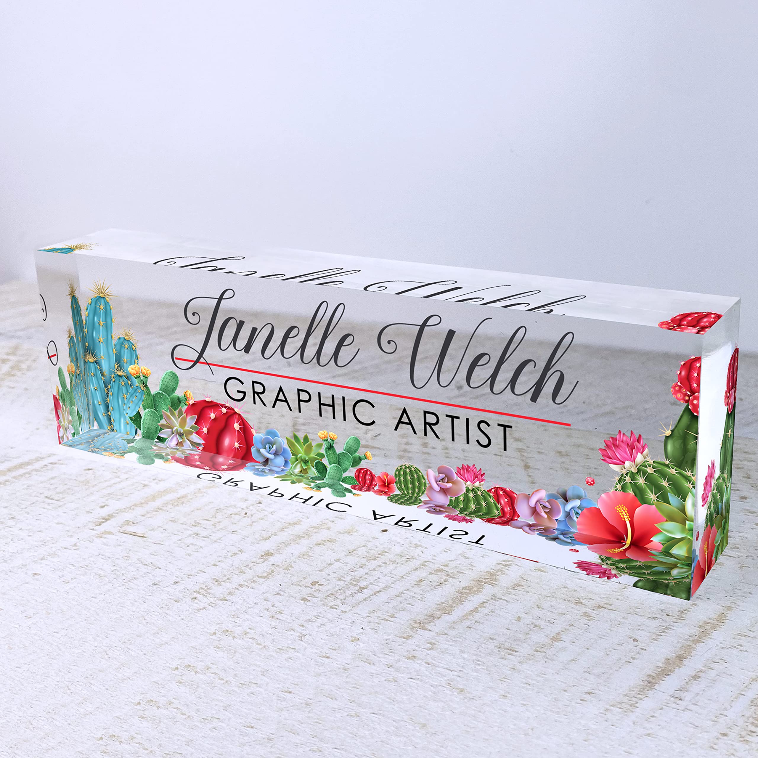 Personalized Artblox Office Desk Name Plate - Custom Acrylic Glass Nameplate with Cactus Design (8