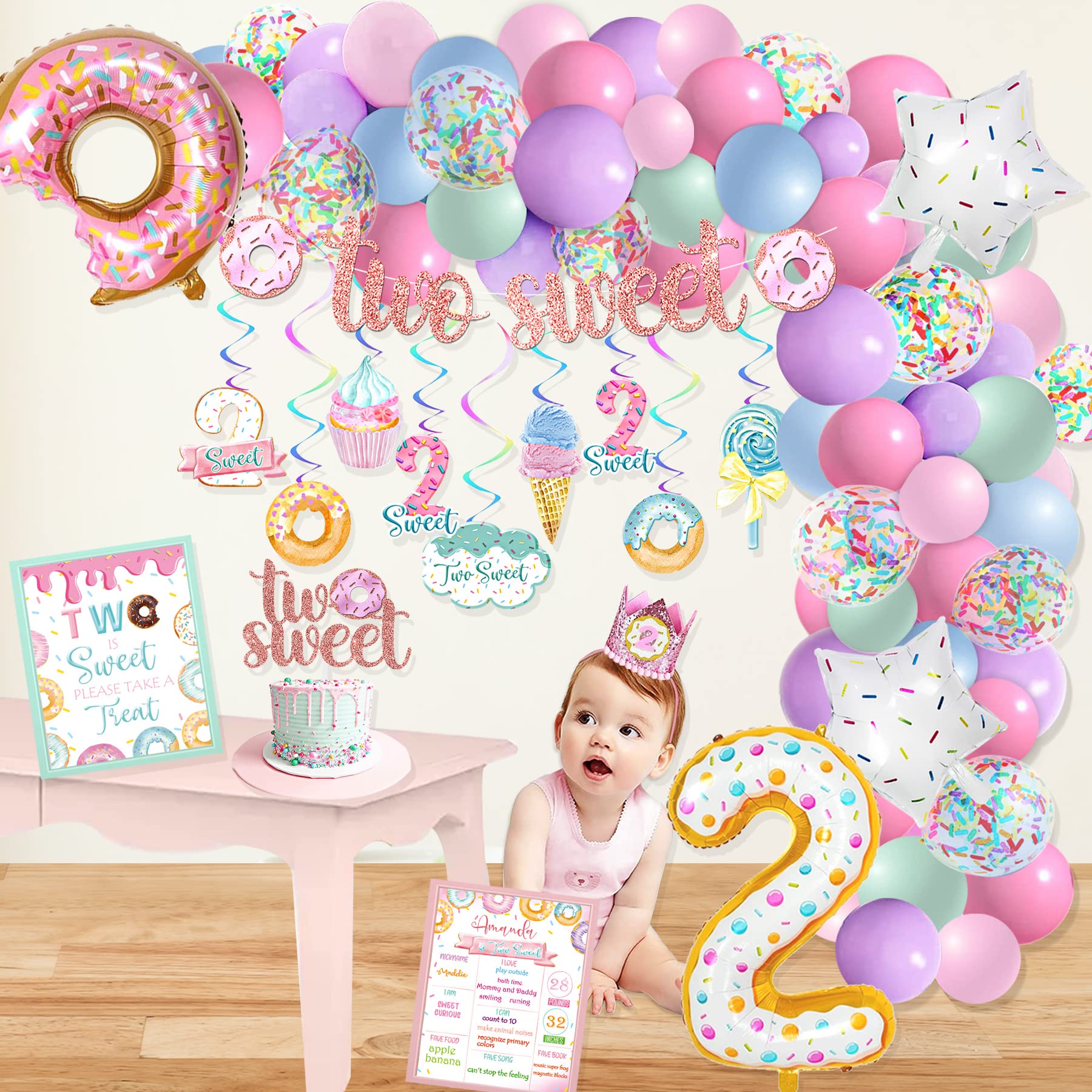 2nd Birthday Party Decorations for Girls - Donut Theme Banner, Cake Topper & Balloon Garland Set - Perfect for Baby's 2nd Birthday Celebrations, Photo Backdrops and Sweet Themed Parties