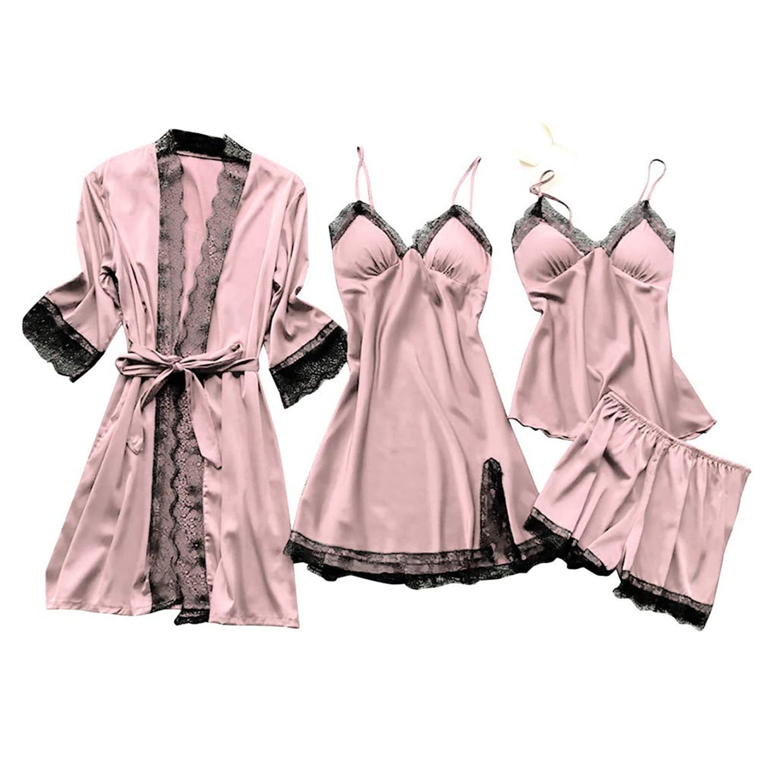 Women's Silk Pajama Set - 4 Piece Lace Trim Sleepwear with Camisole, Shorts & Robe - Comfortable Lounge & Nightwear for Relaxation, Honeymoon, Anniversary Gift