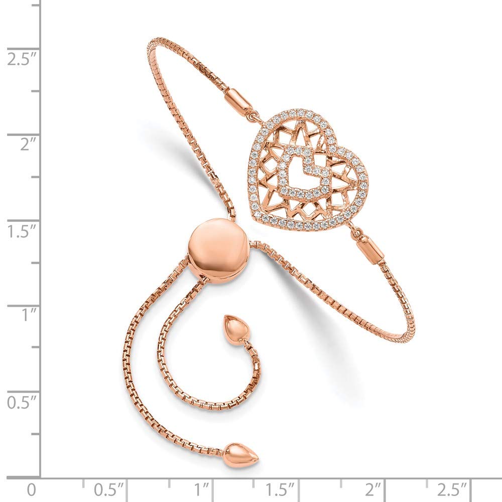 925 Sterling Silver Rose Gold Cubic Zirconia Heart Adjustable Bracelet for Women - Elegant Fine Jewelry Gift for Her (7