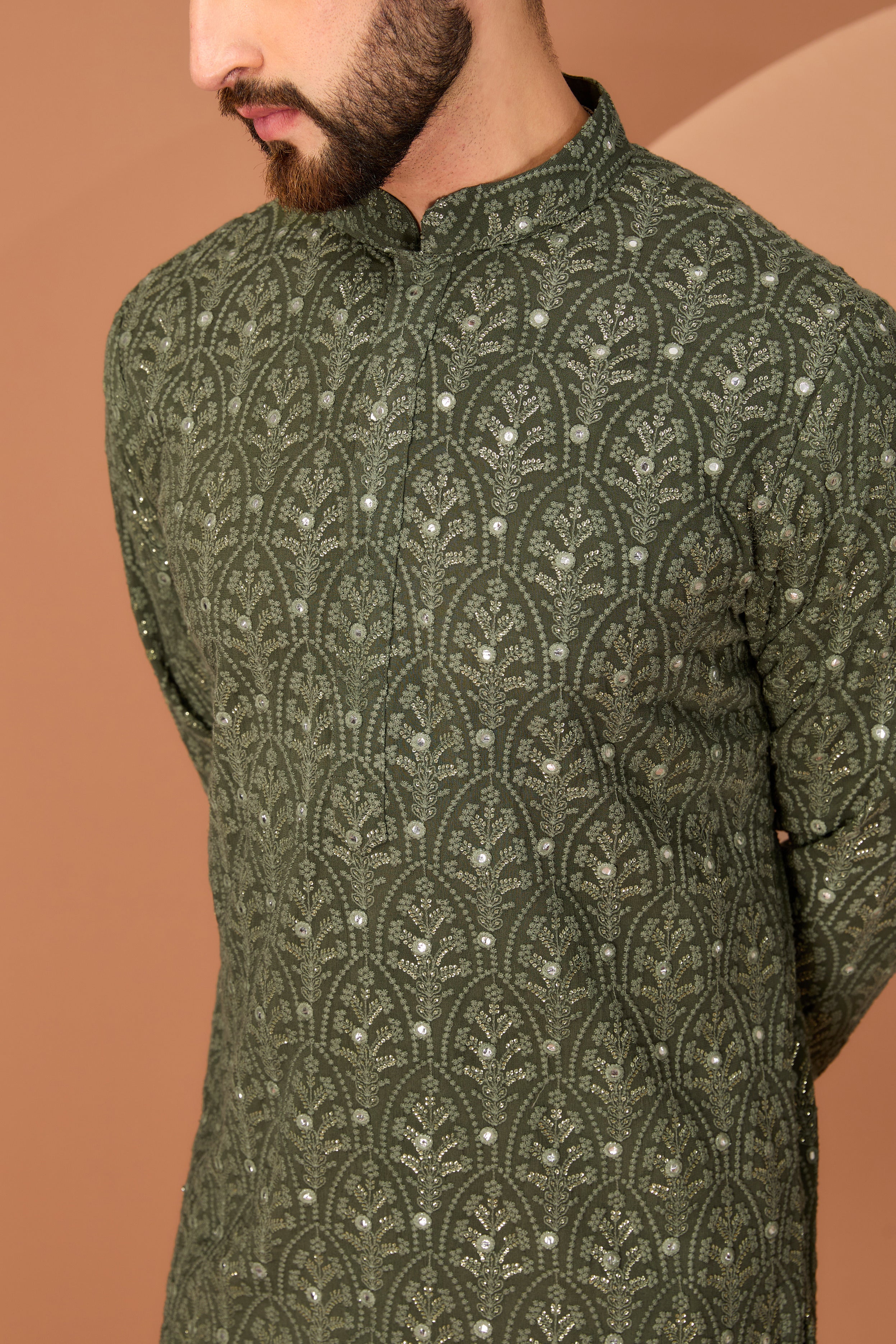 Stylish Military Green Chikankari Kurta for Women - Traditional Indian Embroidered Tunic - Perfect for Festivals, Weddings & Casual Wear