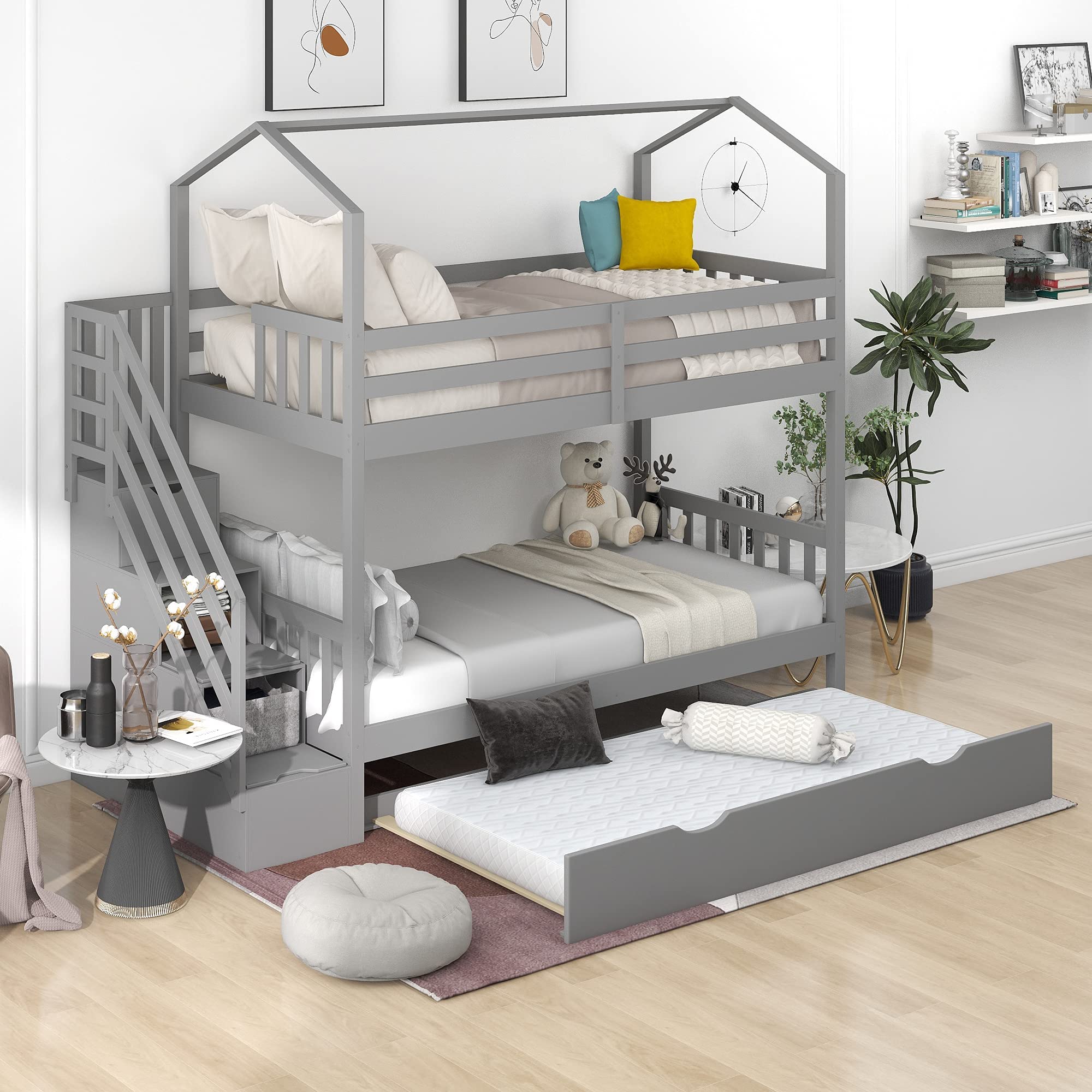 **Twin Over Twin Bunk Bed with Trundle - Solid Wood Kids Bunk Bed with Staircase & Storage - Space-Saving Bedroom Furniture for Boys, Girls, Teens - Perfect for Shared Rooms, Sleepovers & Small Spaces**