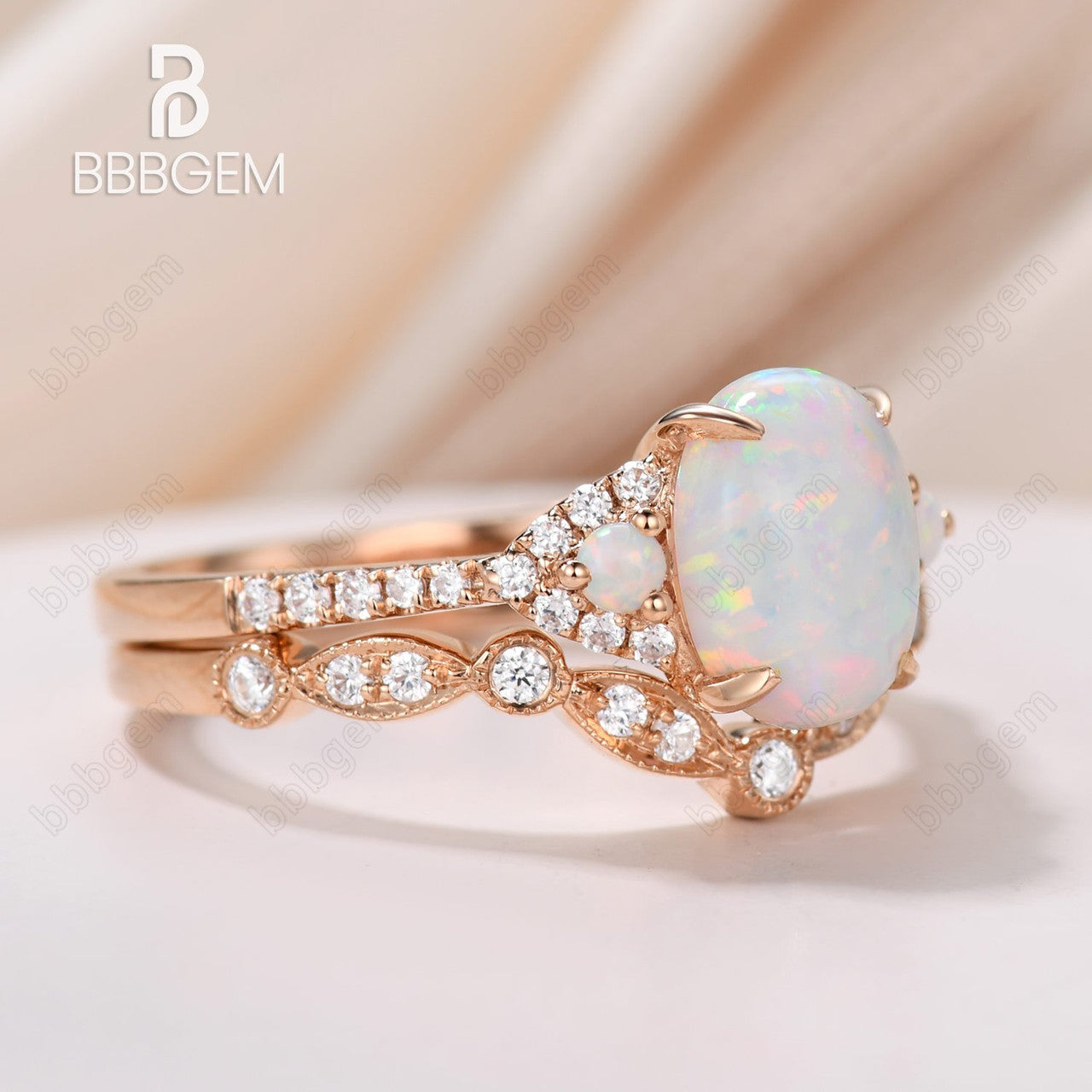 Three Stone Oval Opal Wedding Engagement Ring Set in Rose Gold with Diamond Matching Band - Perfect for Proposals, Anniversaries & Bridal Jewelry