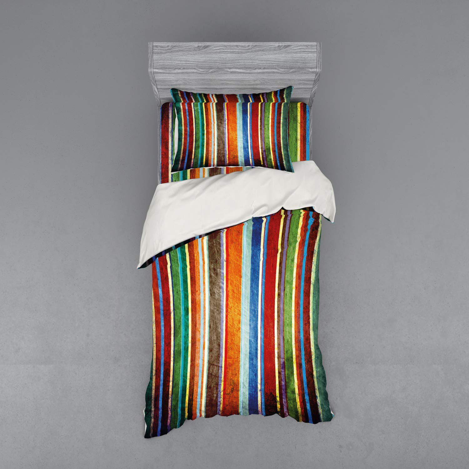 Ambesonne Striped Duvet Cover Set - 3 Piece Vintage Retro Bedding with Fitted Sheet & Sham, Twin Size Multicolor Vertical Line Design for Bohemian & Eclectic Bedroom Decor | Perfect for Guest Rooms, Dorms & Cozy Home Styling