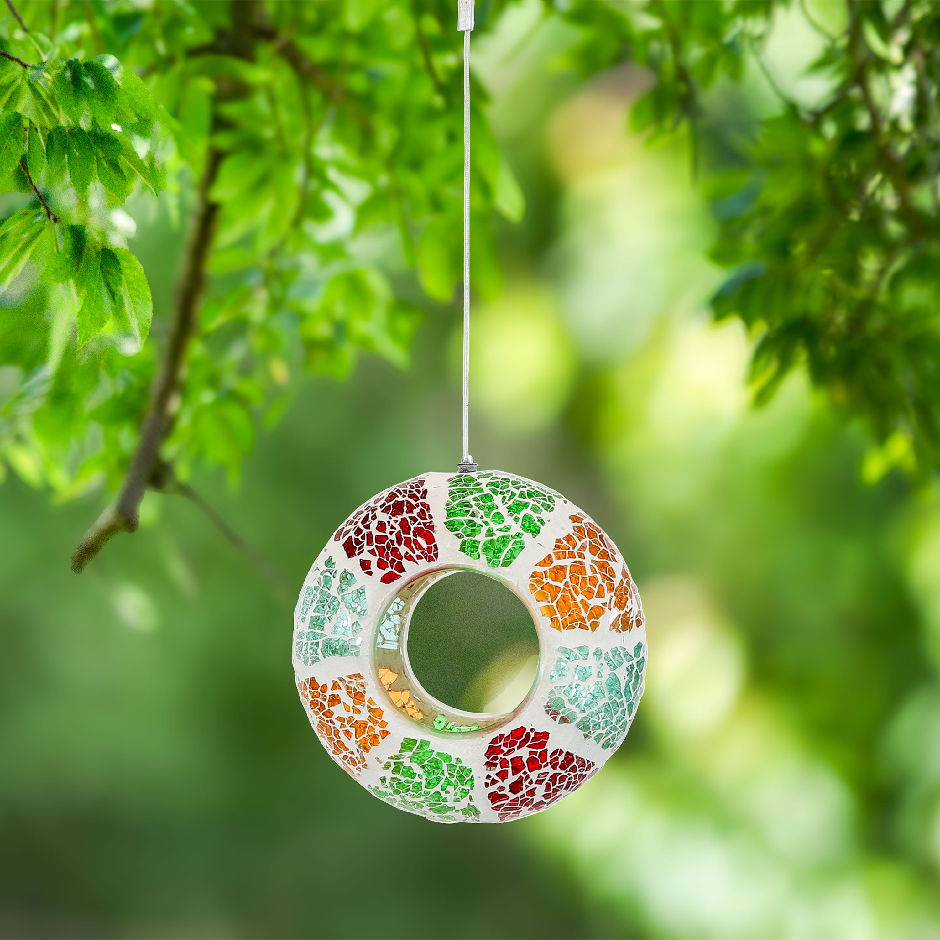 Sunnydaze Mosaic Fly Through Hanging Bird Feeder - 6 Inch Decorative Garden Bird Feeder for Outdoor Use, Attracts Wild Birds to Your Backyard or Patio