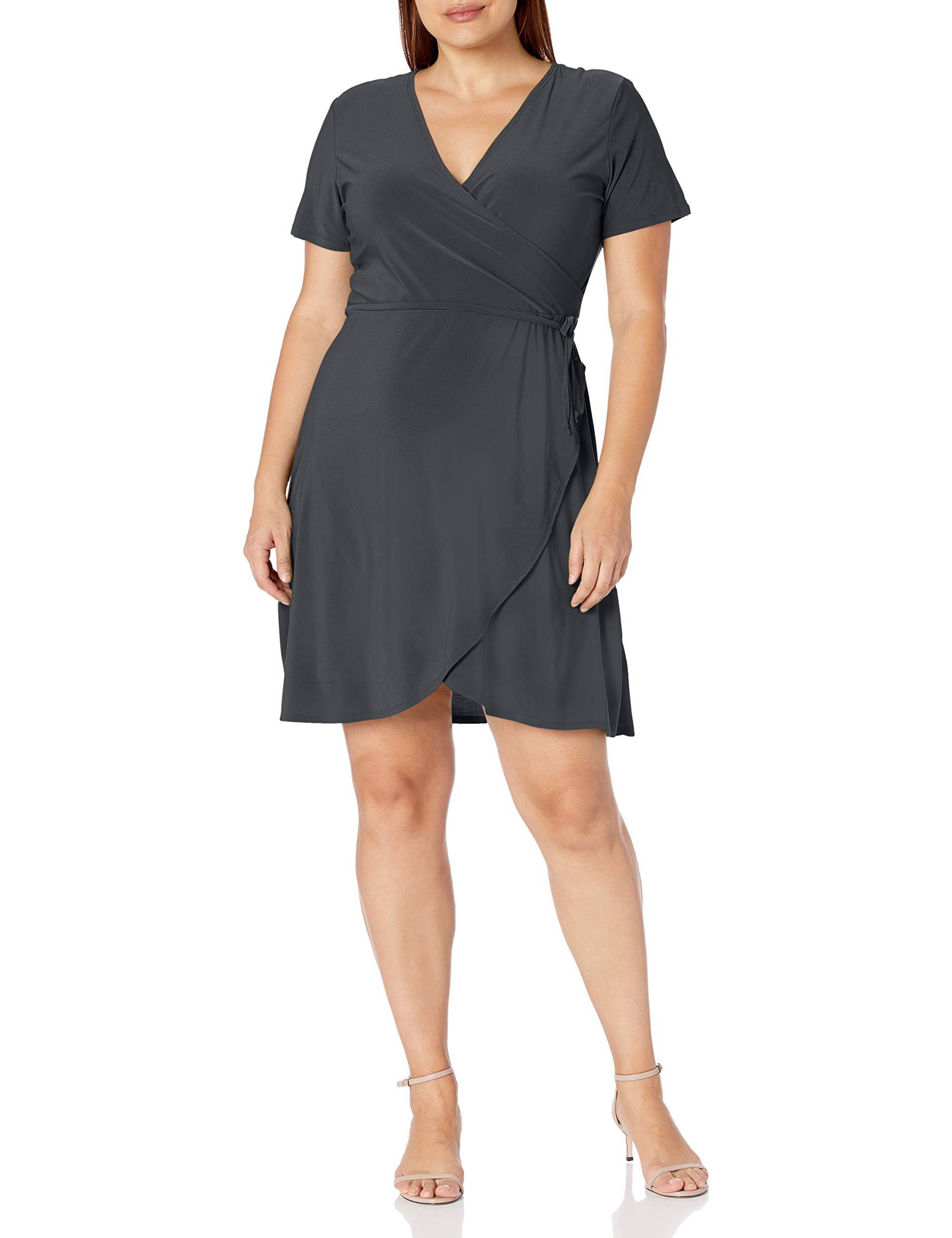 Star Vixen Women's Short Sleeve Wrap Dress Ballet Style - Elegant Charcoal Gray for Casual & Evening Wear - Size Small | Perfect for Date Night, Office & Special Occasions