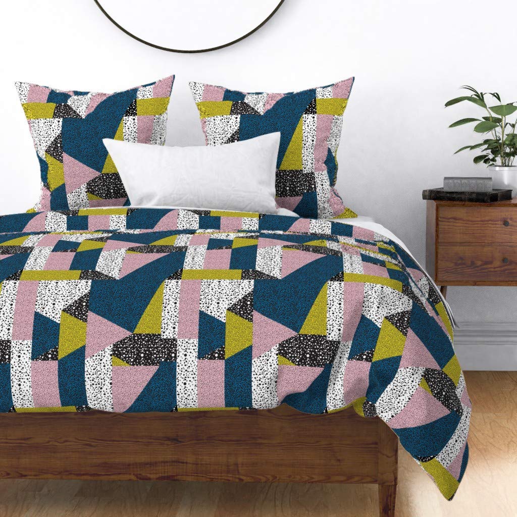 Postmodern Puzzle Memphis 1980s 1990s Geometric Abstract Cotton Sateen Duvet Cover - Full/Queen Size Mid Century Modern Bedding for Kids & Baby Rooms - Custom Printed Vibrant Home Decor for Contemporary Bedrooms