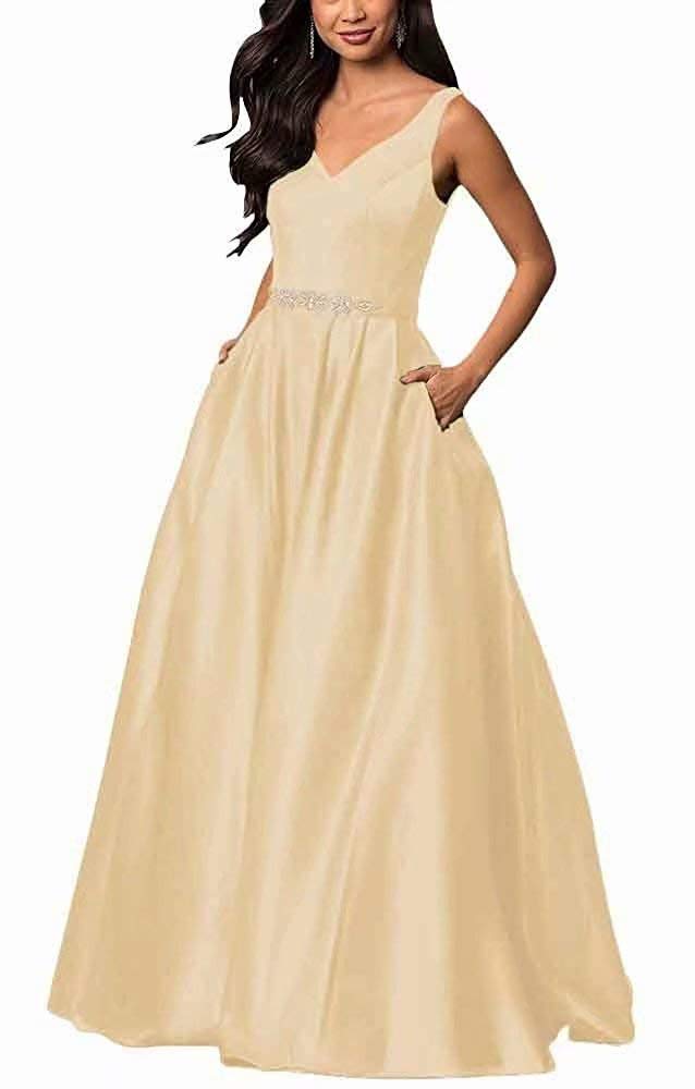 Elegant A-Line V-Neck Prom Dress with Lace-Up Back & Pockets for Evening Gala