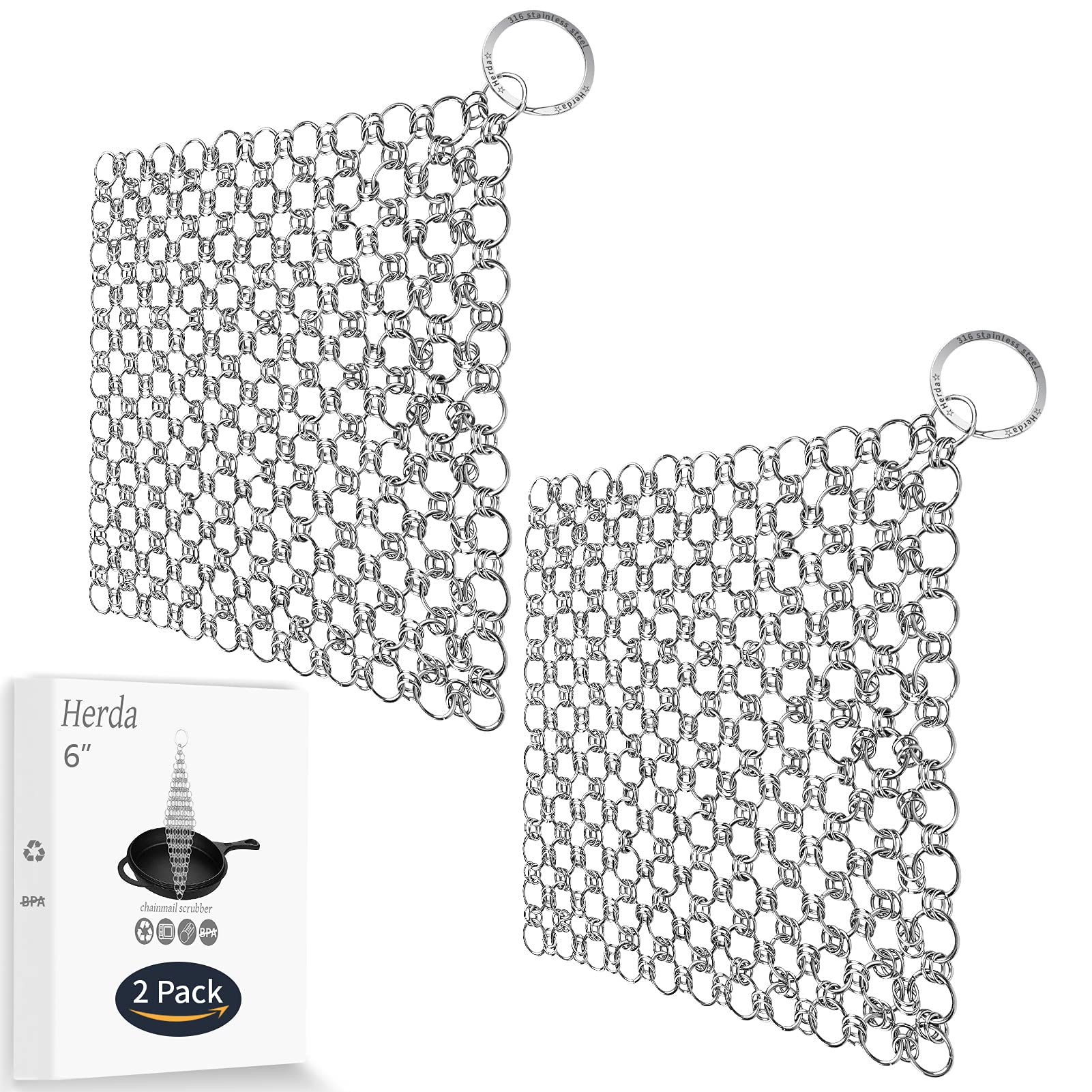 2-Pack Cast Iron Cleaner Chain Mail Scrubber - 6x6 Inch Large Skillet Scrub Brush for Pre-Seasoned Pans & Pots - Stainless Steel Chain Link Scrubber for Dutch Ovens, Waffle Makers & Griddle Pans - Perfect for Camping, Outdoor Cooking & Kitchen Cleaning