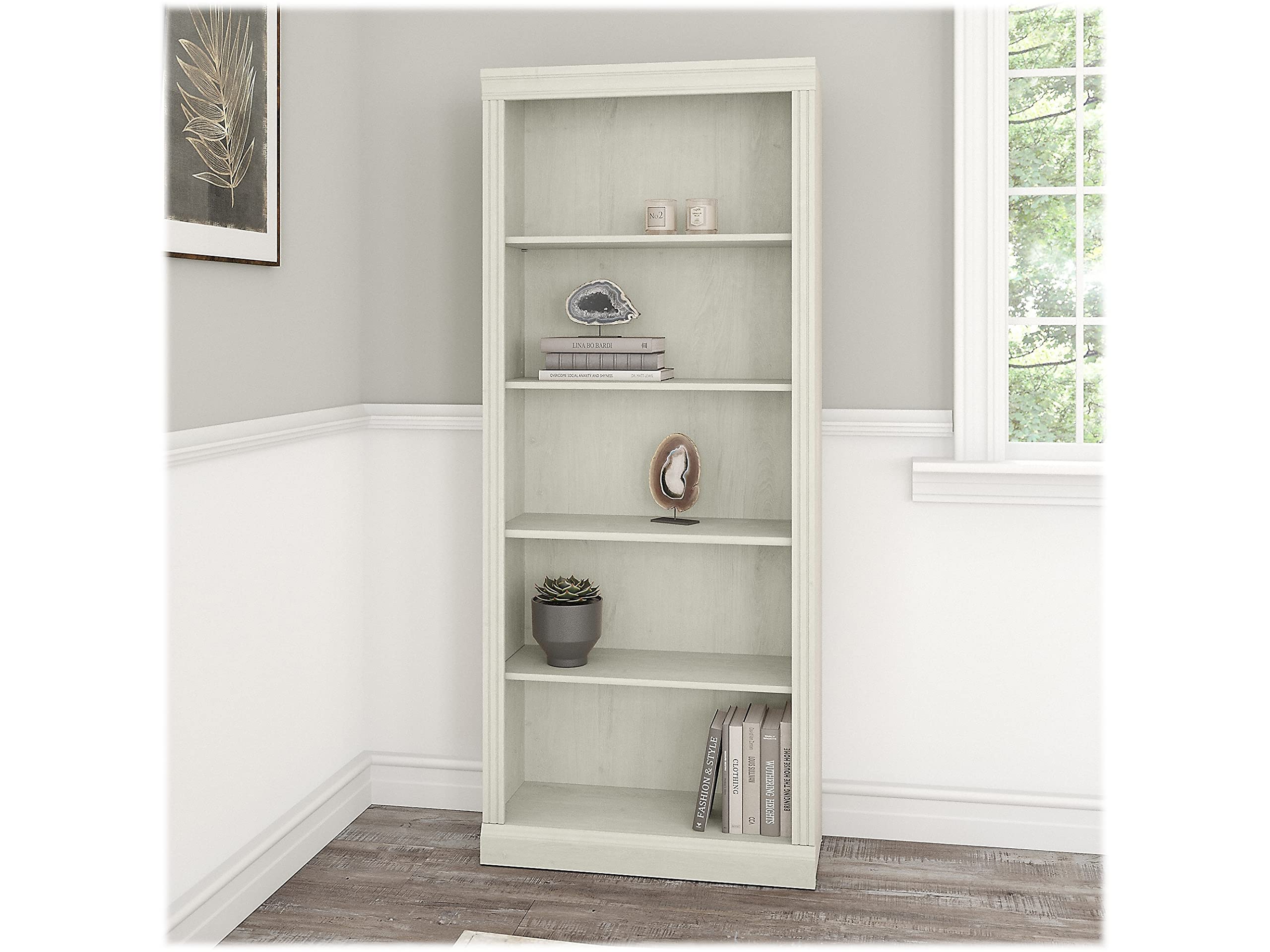 Bush Furniture Saratoga 5-Shelf Tall Bookcase in Linen White Oak - Home Office Organizer & Vertical Storage Solution for Books, Office Supplies - Perfect for Living Room, Bedroom or Study Room Bookshelf