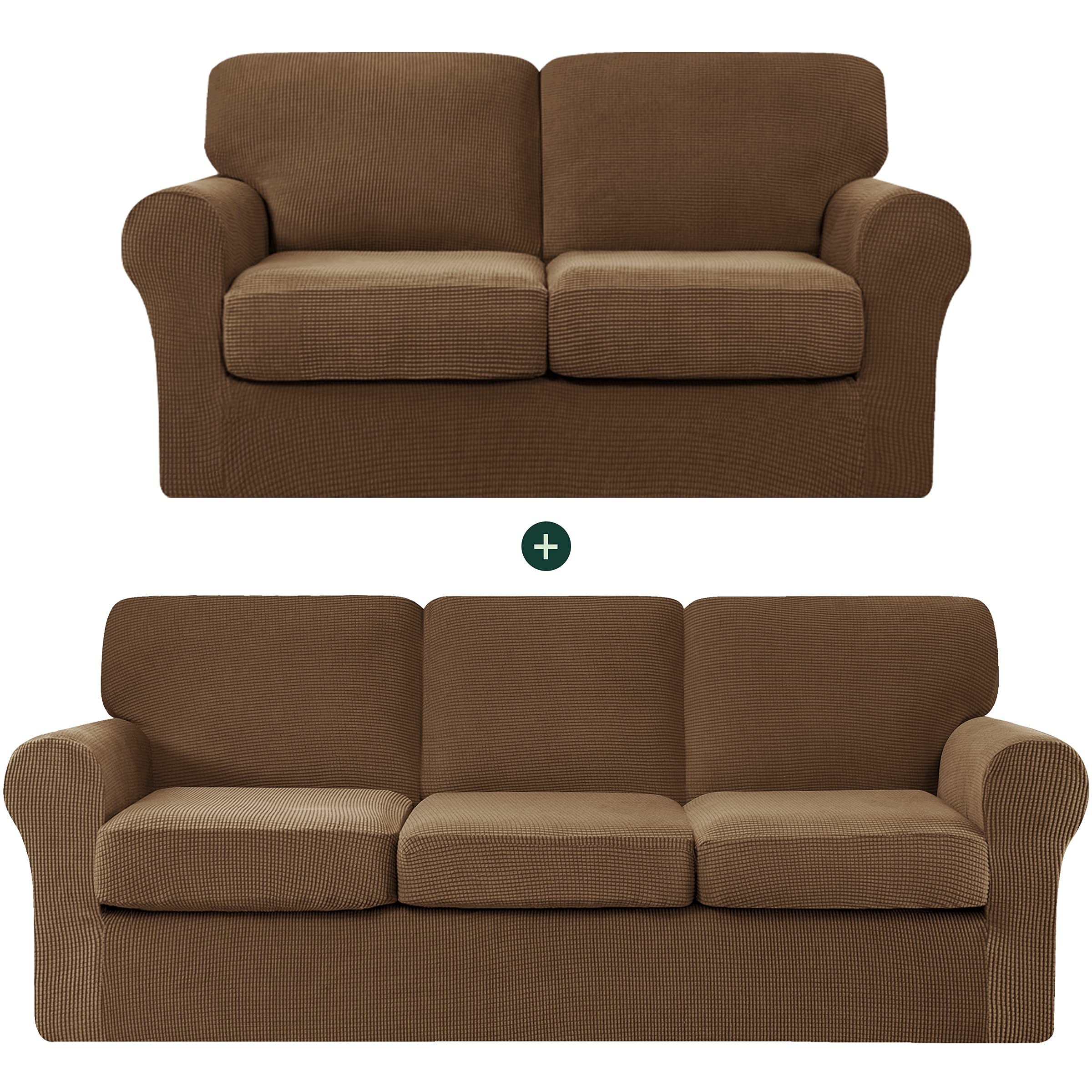 CHUN YI Loveseat Sofa Cover Set - Stretchable Jacquard Fabric Slipcover with Detachable Backrest & Cushion Covers, Checkered Design (Coffee Brown) - Perfect for Living Room, Apartment Furniture Protection & Home Decor Upgrade