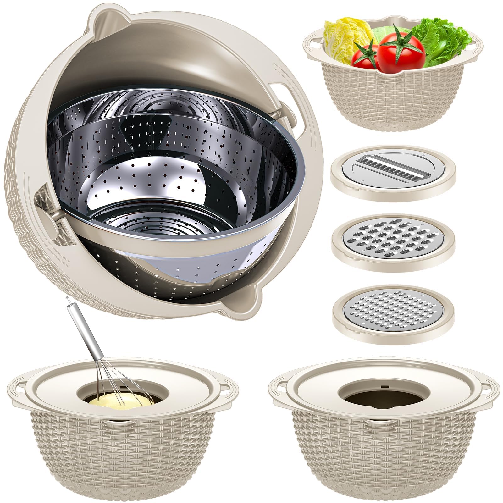 4-in-1 Rotatable Colander and Bowl Set - Kitchen Strainer for Pasta, Rice, Fruits & Vegetables - Essential Food Prep Gadget for Washing, Draining & Serving - Khaki