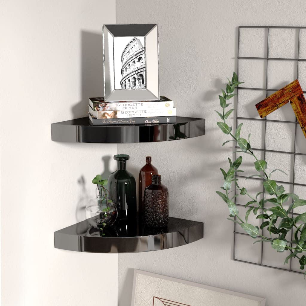 CHARMMA 323890 Floating Corner Shelves Set of 2 - High Gloss Black MDF Wall Shelves 25x25x3.8 cm - Perfect for Bathroom, Kitchen, Living Room & Bedroom Storage Organization