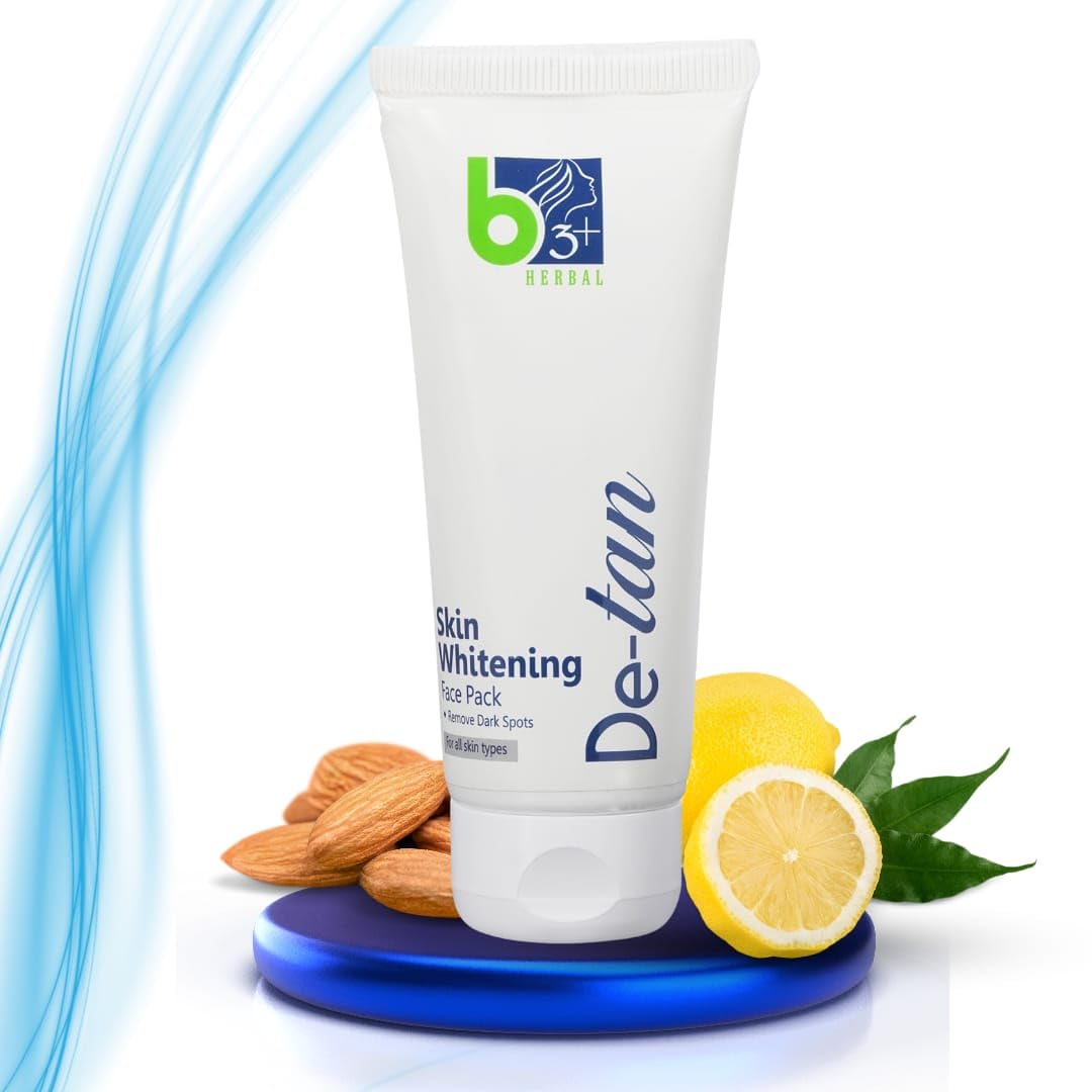 B3+ Herbal Skin Whitening Face Pack with Almond & Lime Oil - De-Tan, Remove Dark Spots, Brighten Skin - 100% Natural for All Skin Types (100g) | Perfect for Daily Skincare & Sun Damage Repair