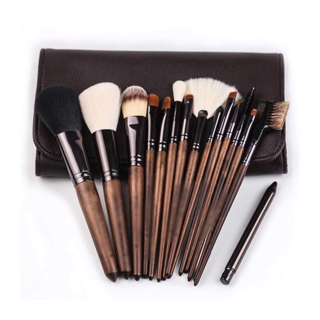 JAHH 15Pcs Professional Makeup Brush Set - Walnut Wood Handle Foundation, Eyeshadow, Eyeliner, Concealer & Eyebrow Brushes with Travel Pouch | Perfect for Makeup Artists, Beginners & On-the-Go Beauty