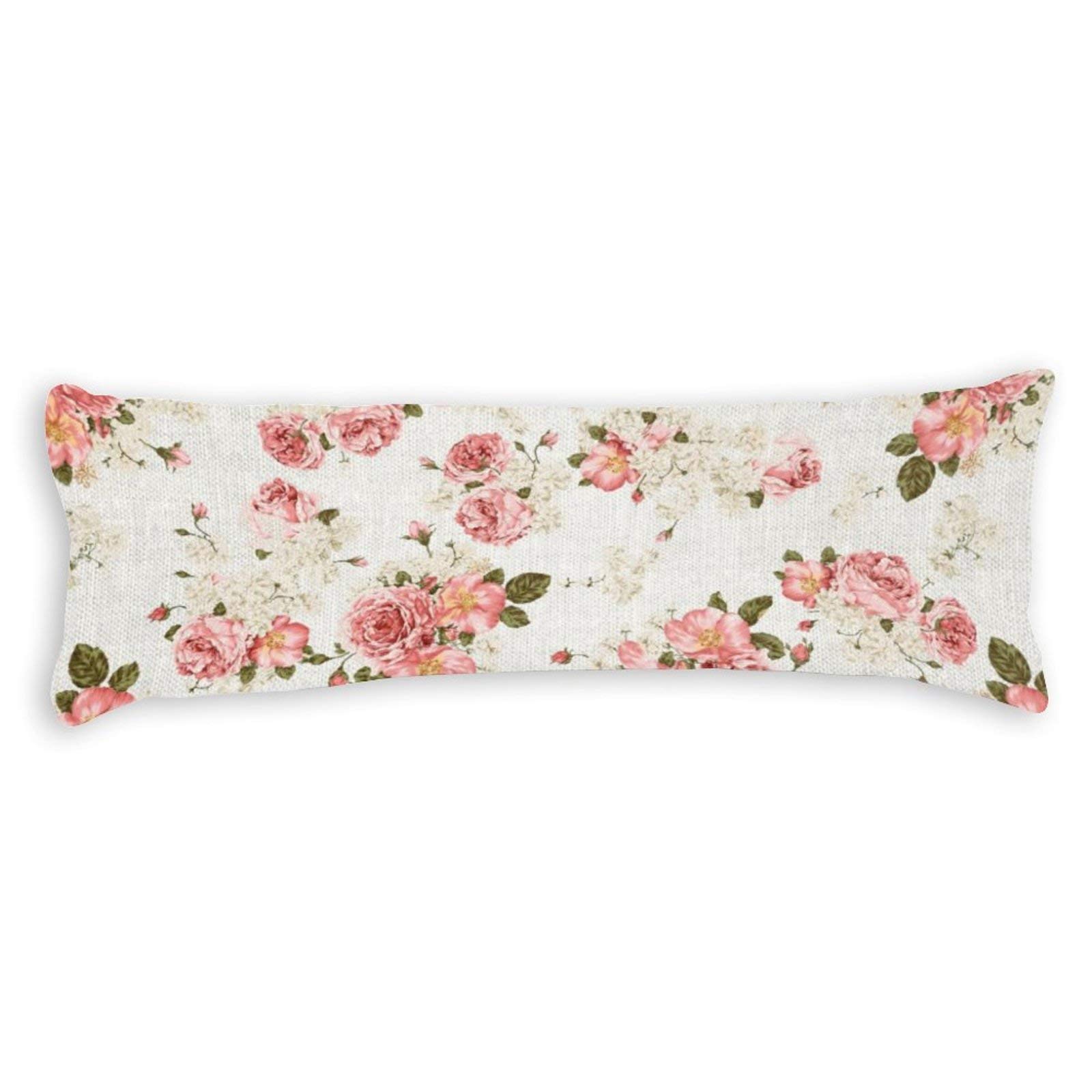 Vintage Shabby Chic Floral Pink Rose Body Pillow Cover with Zipper Closure - Long Decorative Pillowcase for Bedroom, Living Room, Sofa & Home Decor Gift