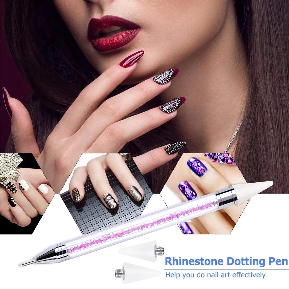 Dual-ended Nail Art Dotting Tool with Rhinestone Picker & 2 Extra Wax Heads - Pink Acrylic Handle for Professional & DIY Nail Designs - Perfect for Salon, Home Manicure & Nail Art Enthusiasts