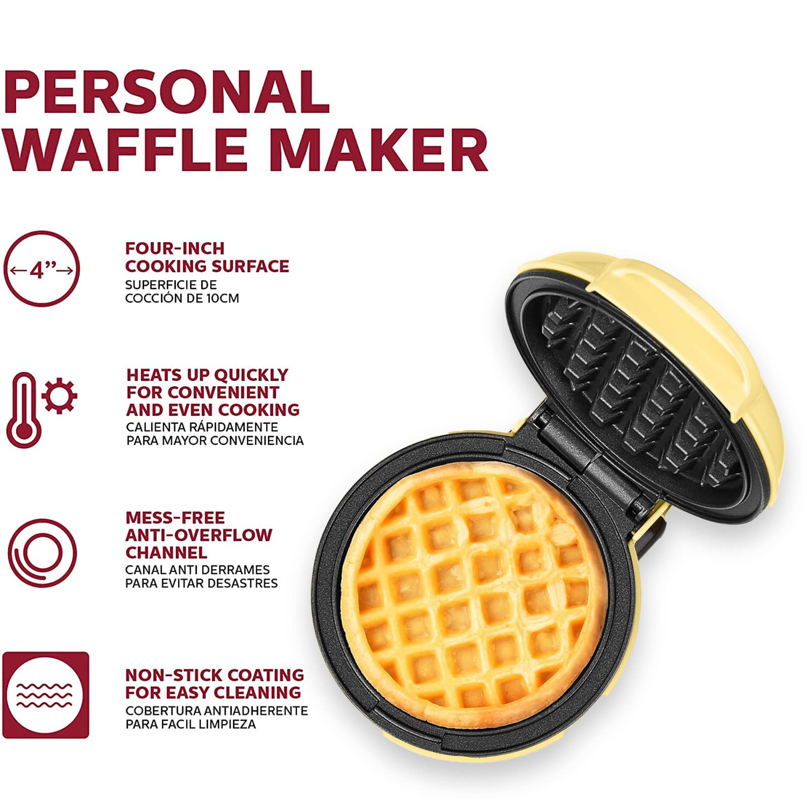 Holstein Housewares Mini Waffle Maker - 4 Inch Non-Stick Waffle Iron for Quick Breakfast, Brunch & Snacks - Perfect for Dorms, Offices & Small Kitchens (Yellow)