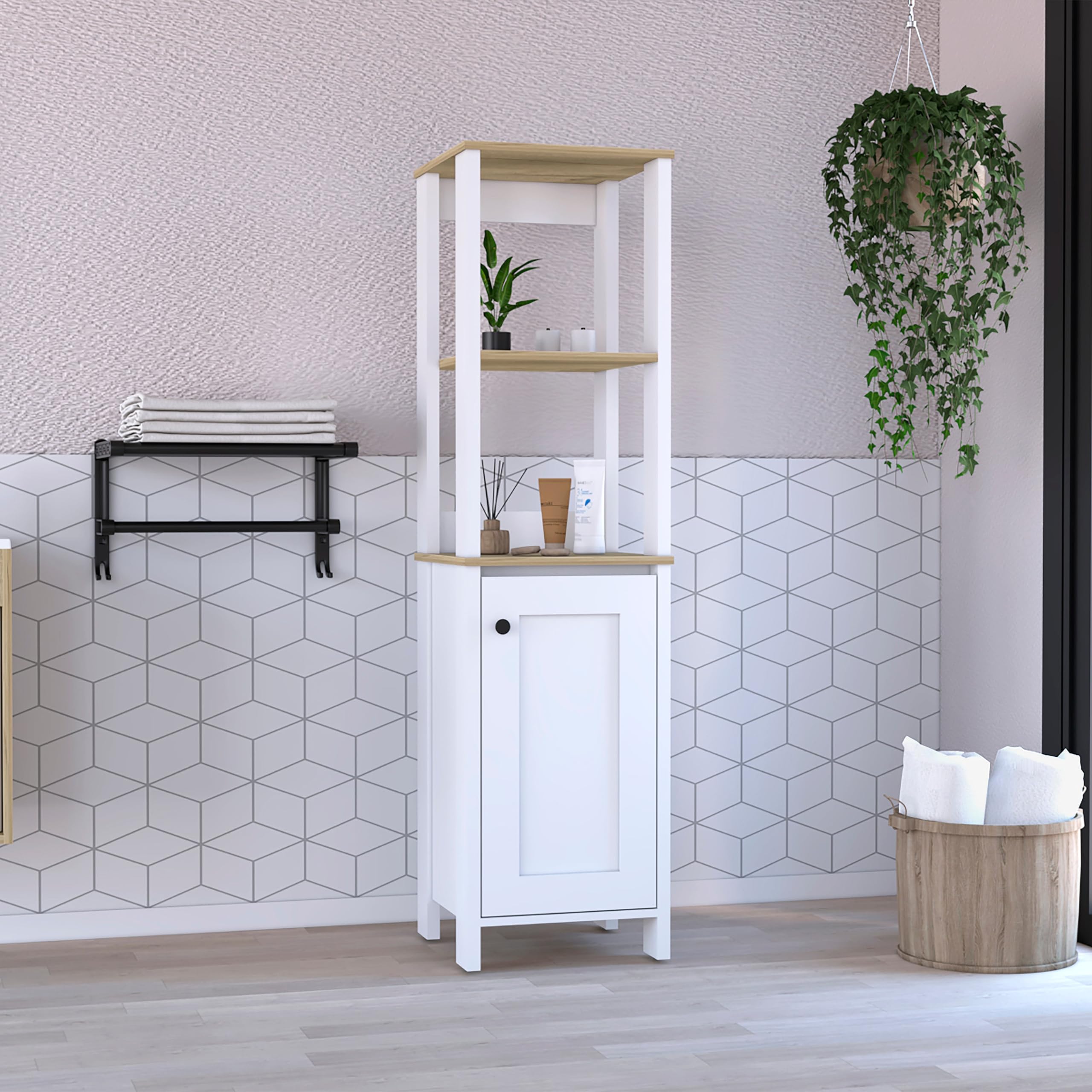 Tuhome St. Clair Linen Cabinet with 2 Interior Shelves & 2 Open Shelves - Light Oak/White Finish - Perfect for Bathroom, Bedroom or Hallway Storage Organization