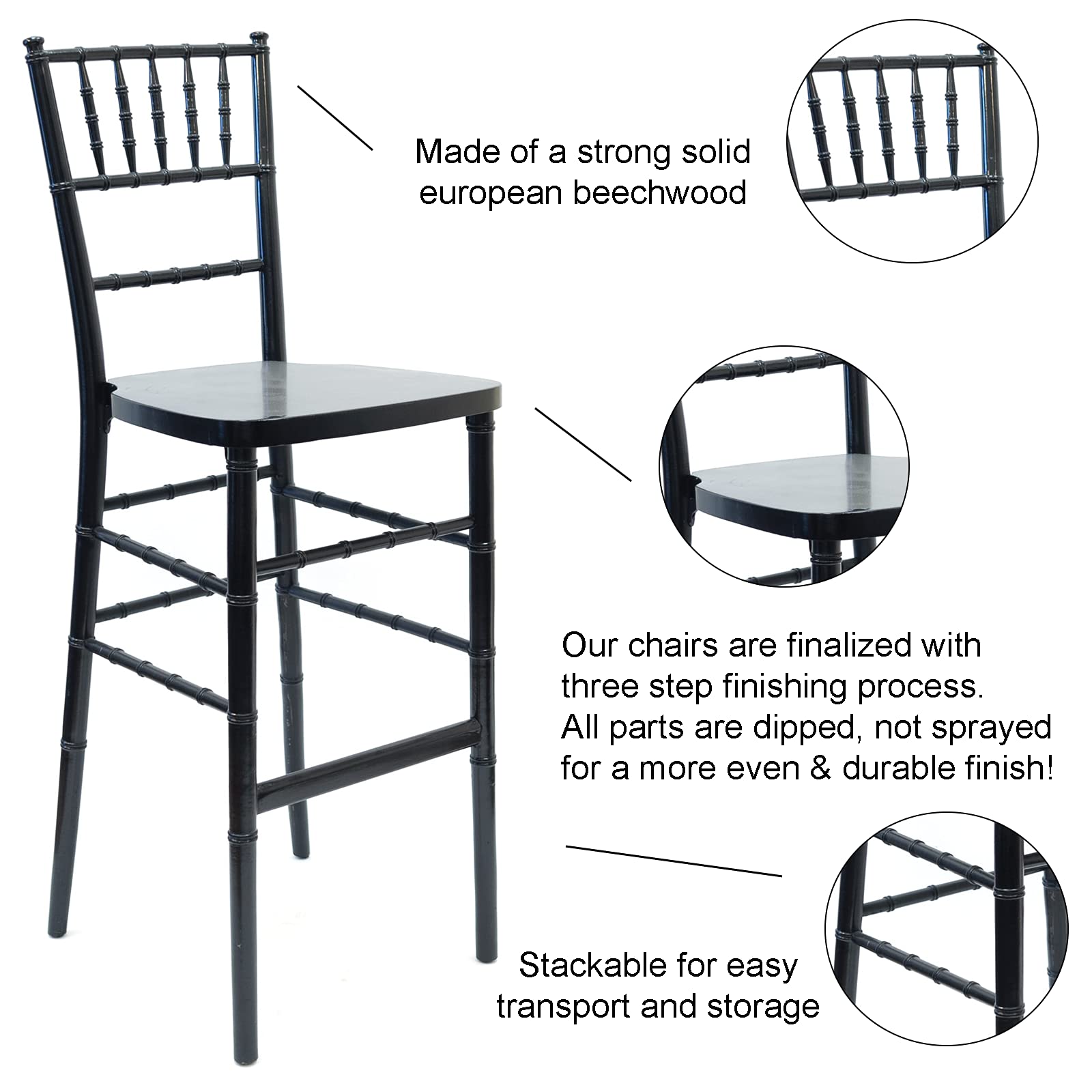 Premium European Black Wood Bar Stools - Commercial Grade Dining Chairs for Restaurants, Pubs & Home Bars - Heavy Duty Counter Height Seating for Kitchen Islands & Entertainment Areas