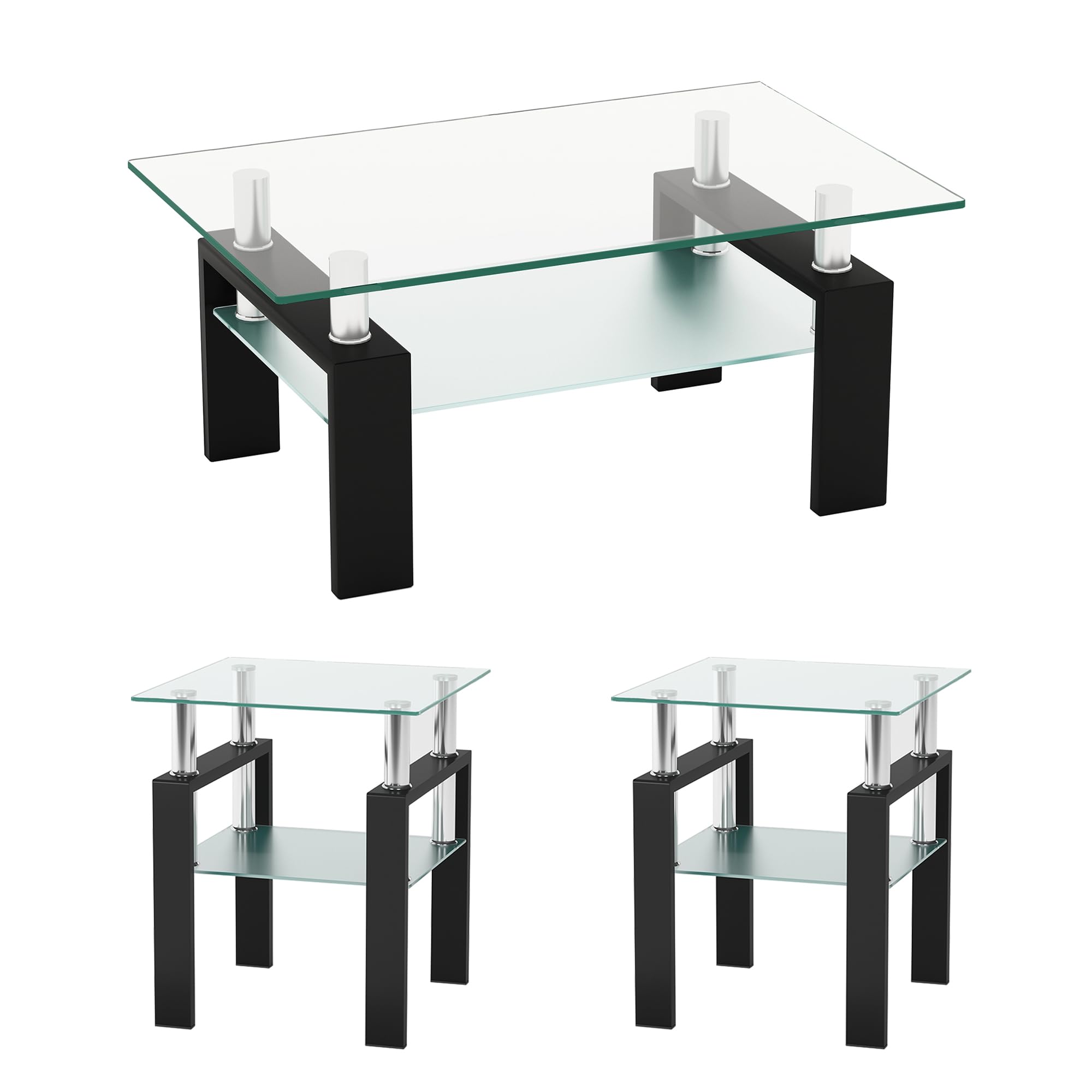 IANIYA 3-Piece Modern Tempered Glass Coffee Table Set - Sleek Design Living Room Furniture with High Capacity - Perfect for Small Spaces, Apartments & Contemporary Home Decor (Transparent)