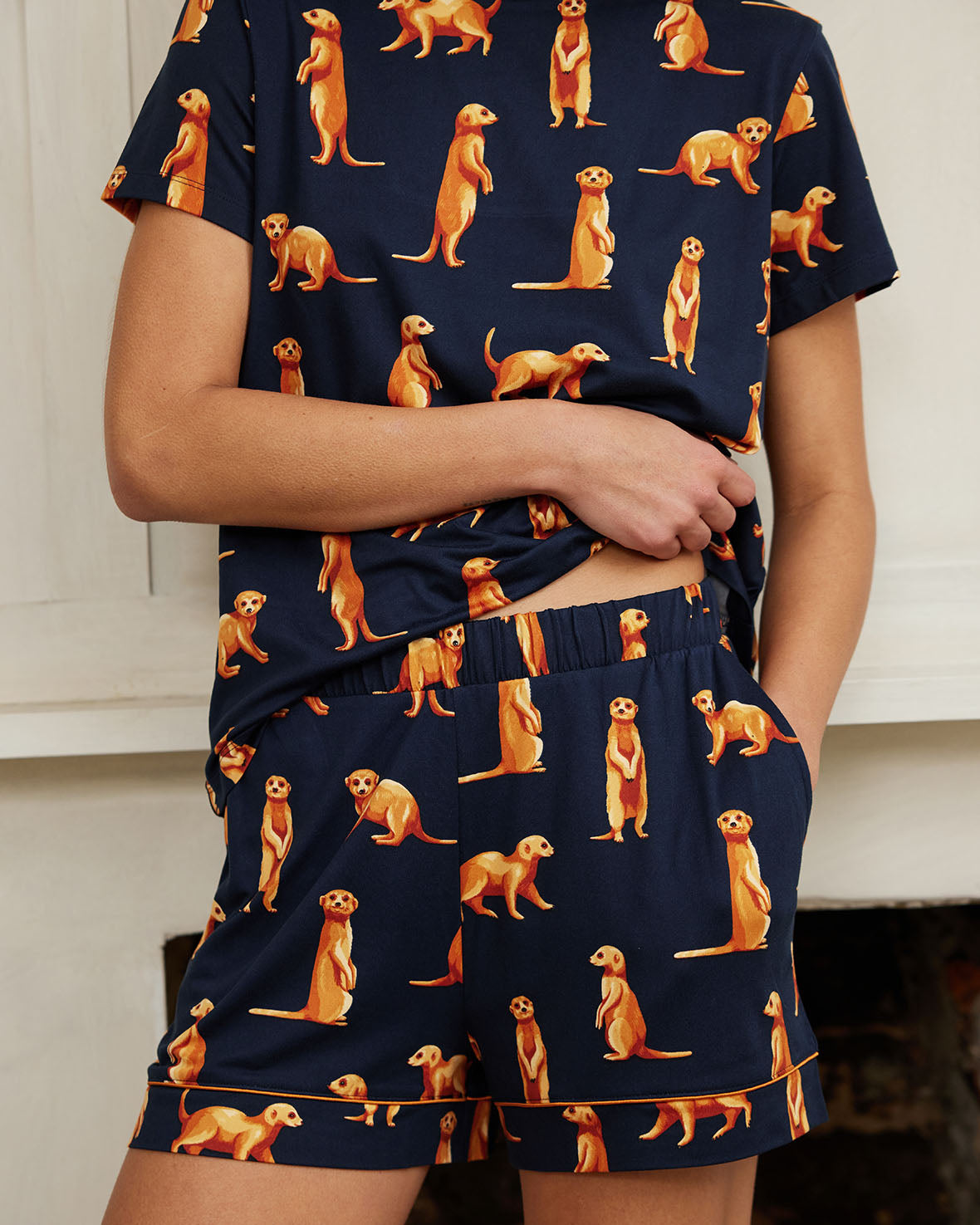 Meerkat Print Short Sleeve Pajama Set for Women - Navy Blue Sleepwear for Summer & Lounge Wear