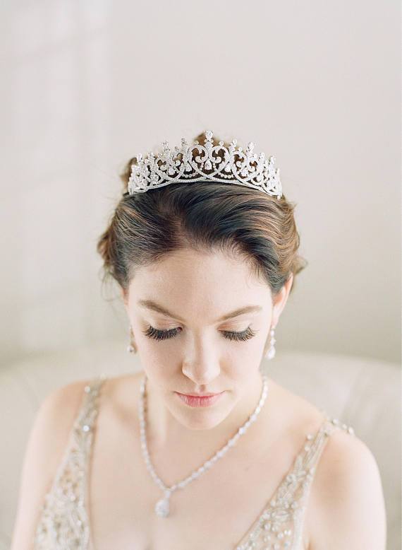 SPENCER Simulated Diamond Bridal Tiara - Elegant Crystal Wedding Crown for Bride, Princess, Prom & Special Occasions