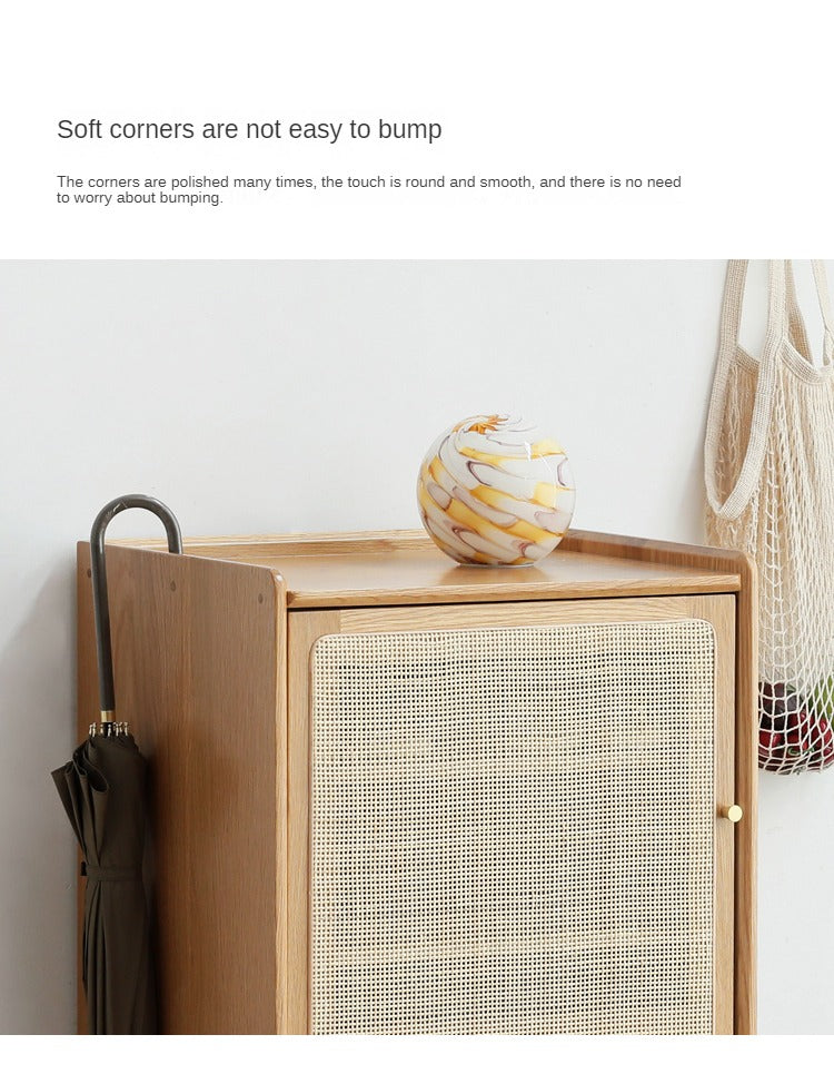 Solid Oak Wood Shoe Storage Cabinet with Rattan Doors - Organize Shoes Neatly in Entryway, Bedroom or Closet