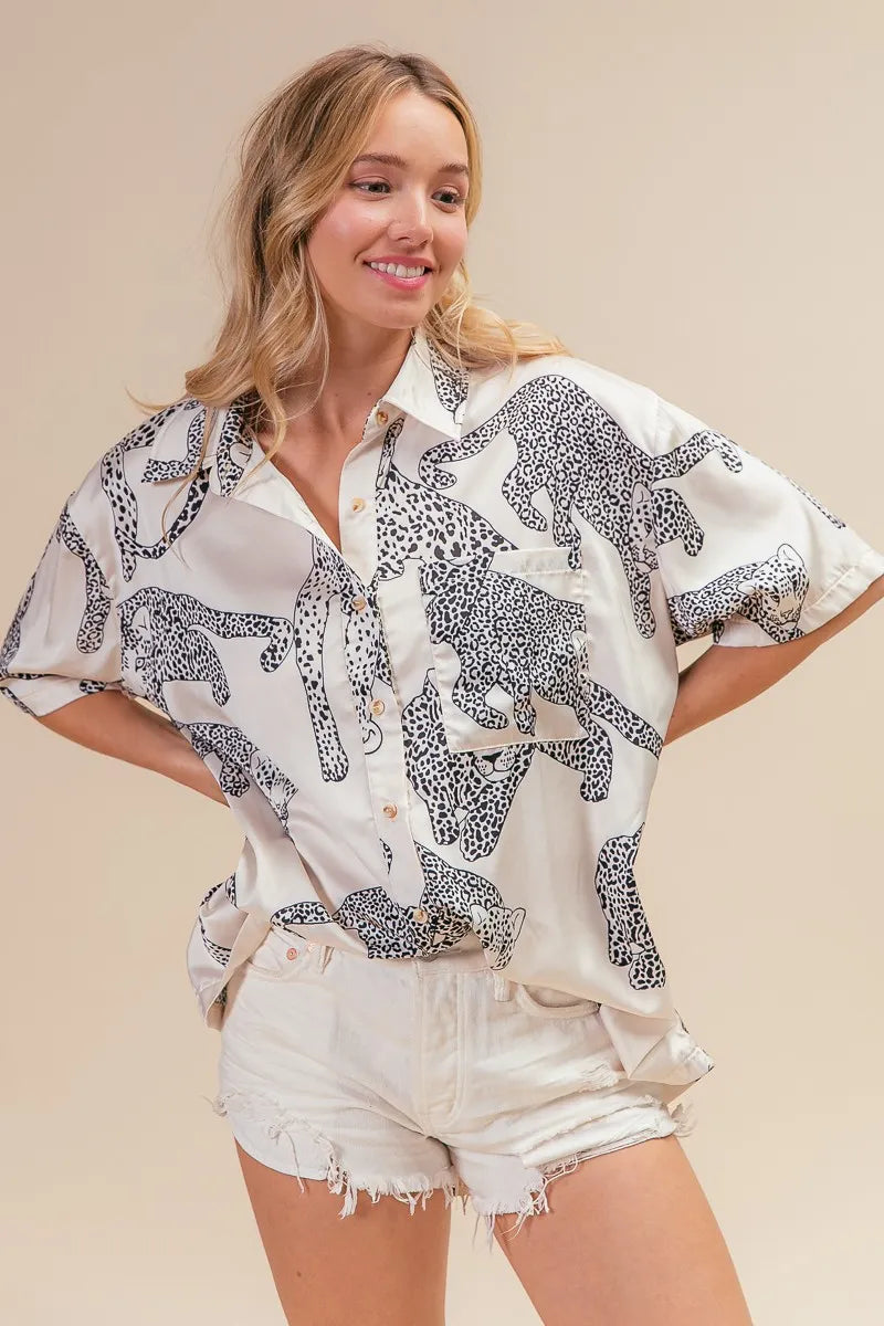 BiBi Leopard Print Short Sleeve Silky Satin Shirt Top for Women - Stylish Blouse for Casual Wear, Office Outfits & Night Out